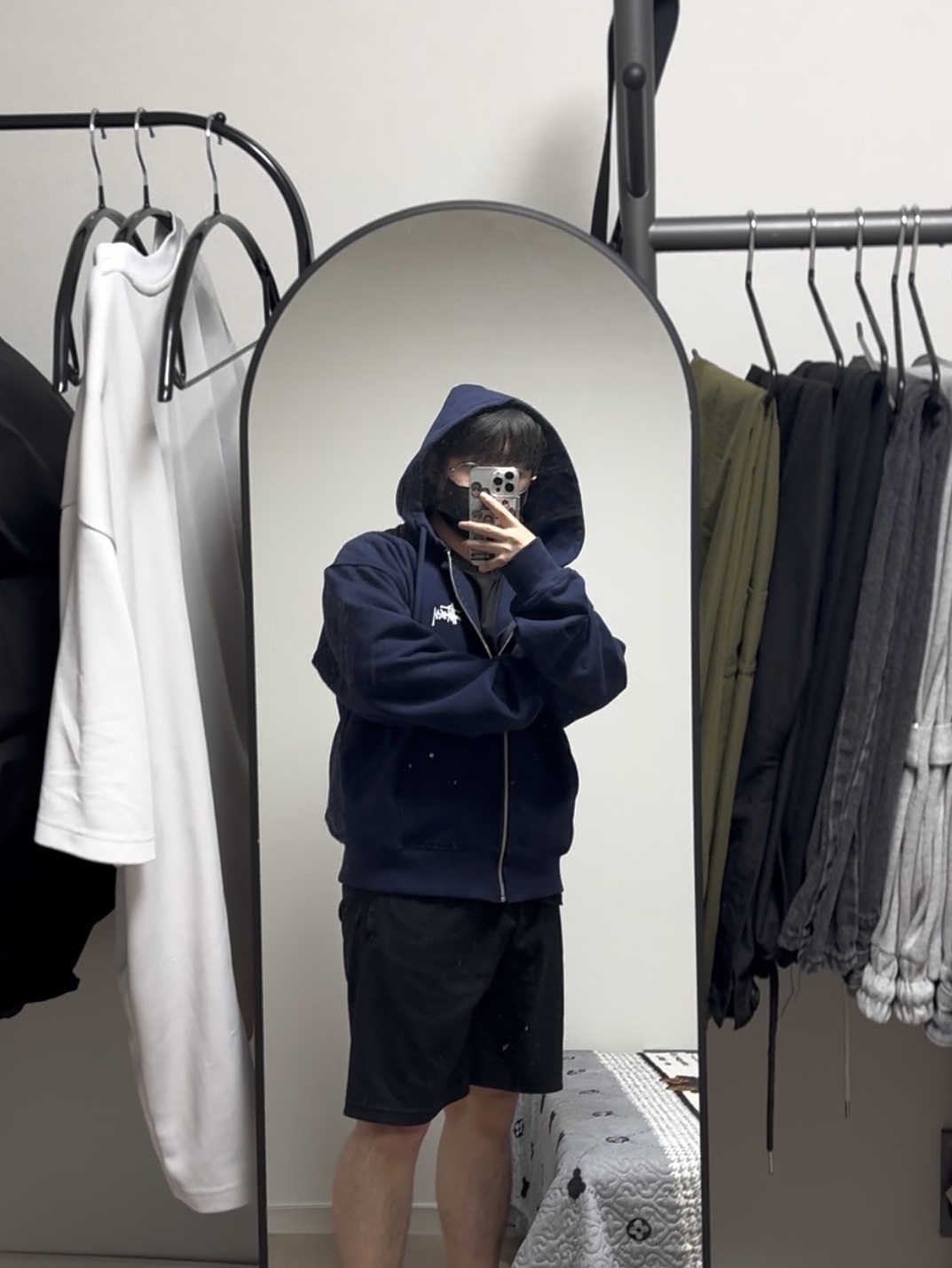 Stussy Basic Stussy Zip Hoodie Navy 2024, 2025, Asics Gel-Kayano 14 Black Pure Silver 착용 스타일 - 2