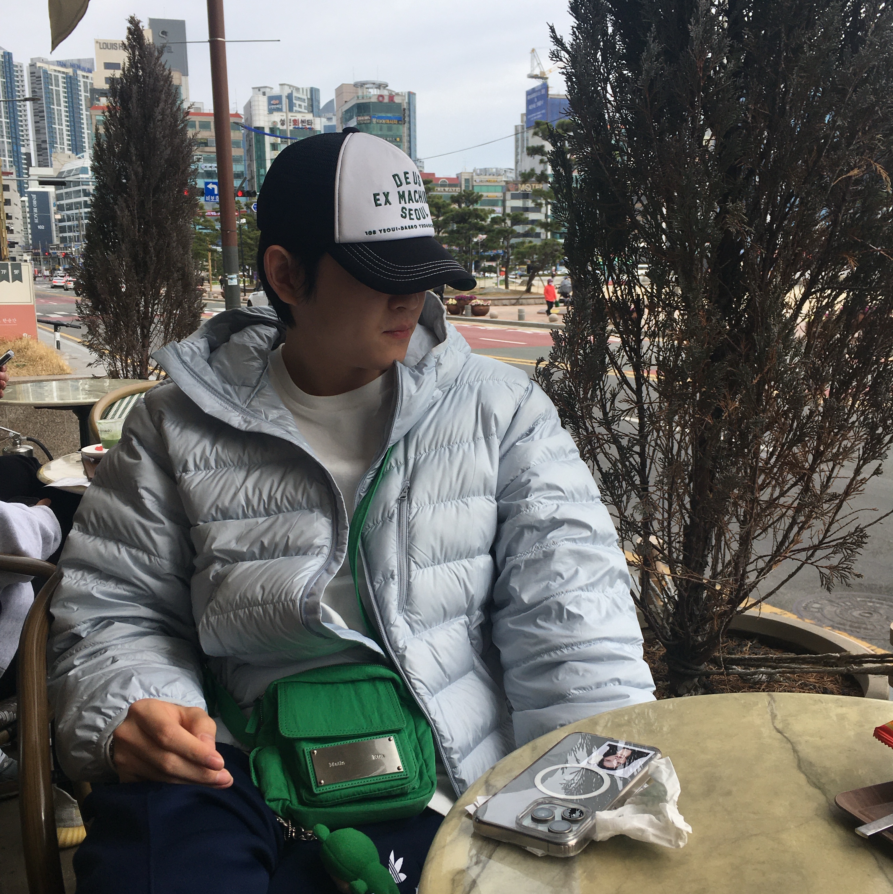 Musinsa Standard City Leisure Hooded Light Down Jacket Cloudy Blue, Jordan 1 Low White Midnight Navy 착용 스타일 - 3