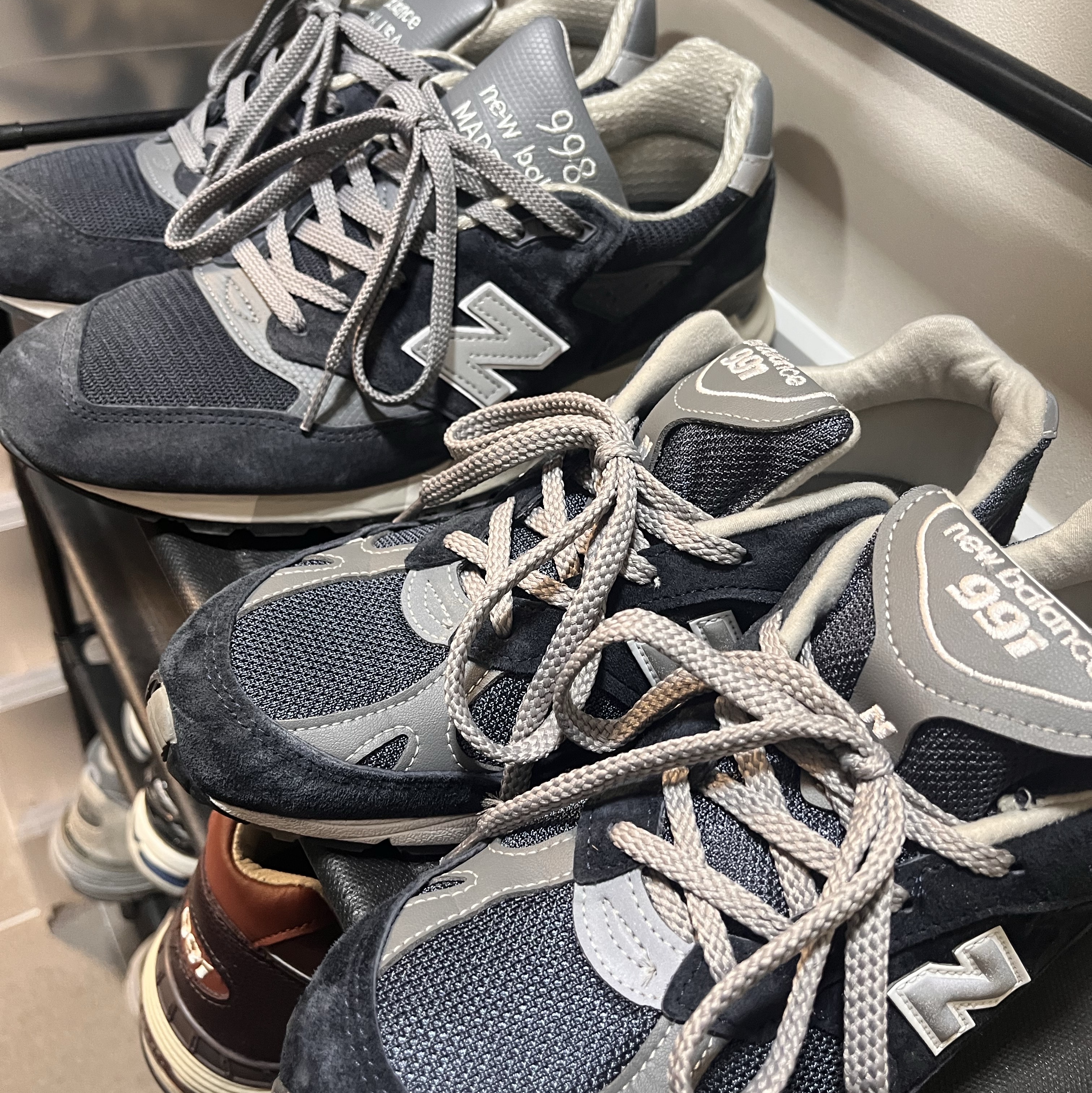 (W) New Balance 991 Made in UK Navy, New Balance 998 Made in USA Navy Grey 착용 스타일