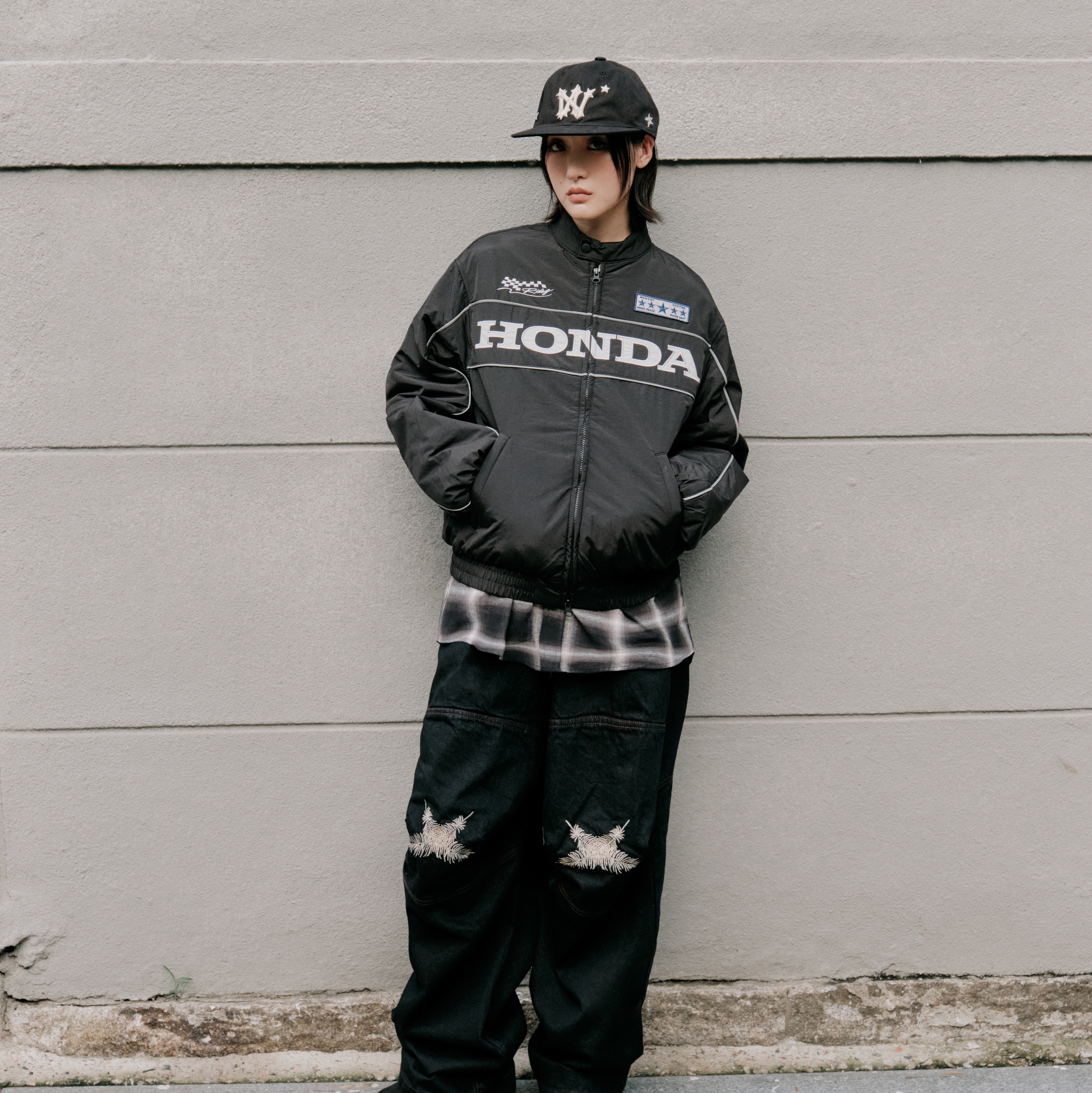 Honda Piping Motorcycle Blouson Jacket Black, Honda Piping Motorcycle Blouson Jacket Ivory 착용 스타일 - 2
