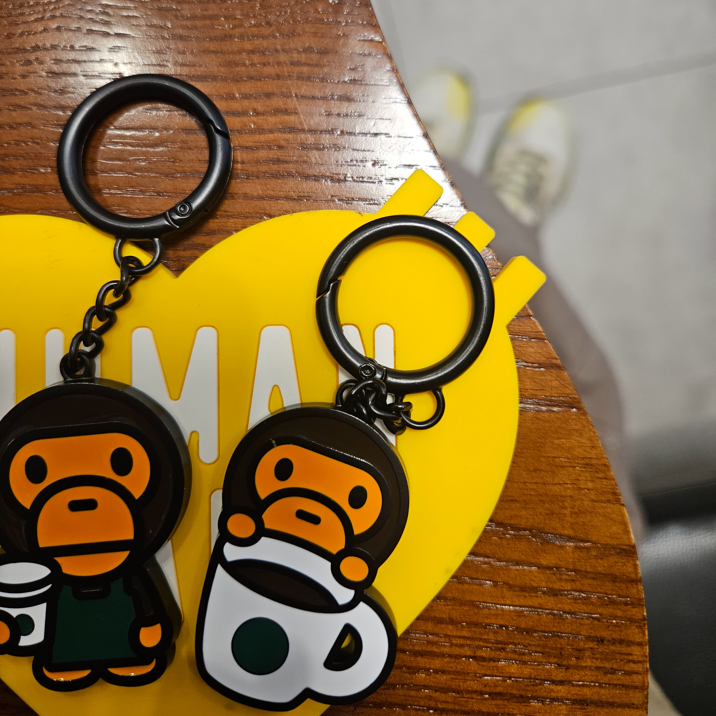 Human Made Heart Rubber Coaster Yellow, Starbucks x BAPE Baby Milo Keychain 착용 스타일