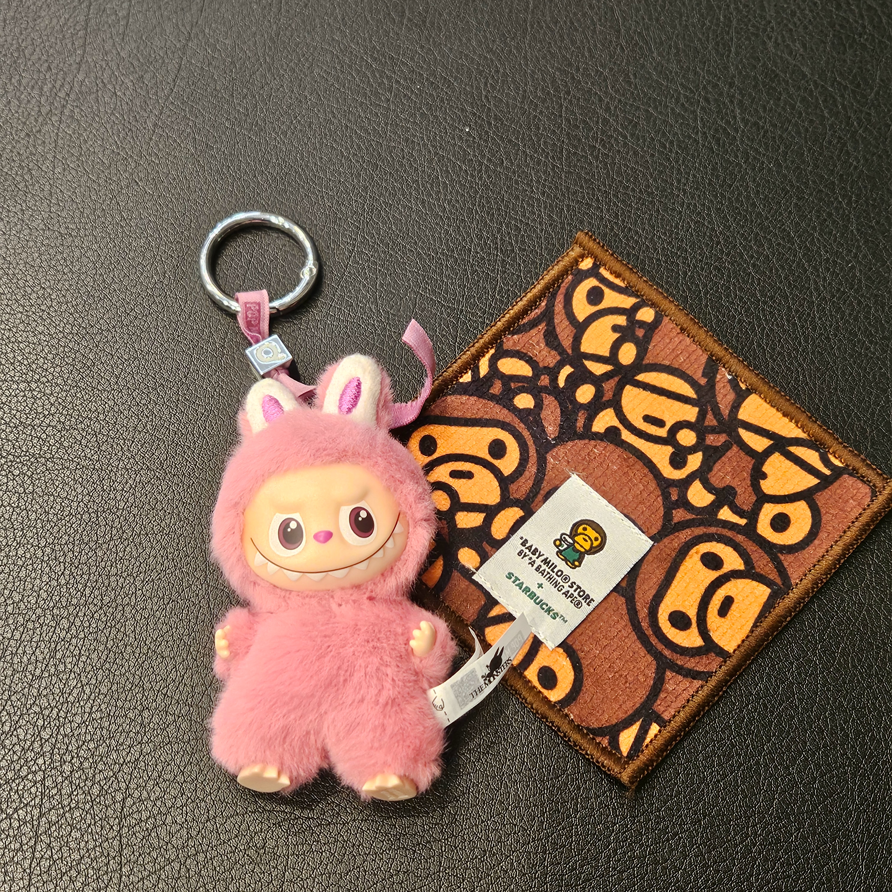 Pop Mart Labubu The Monsters Pin For Love Series Vinyl Plush Pendant (N-Z) Q (Opened Case), Starbucks x BAPE Baby Milo Coaster 착용 스타일