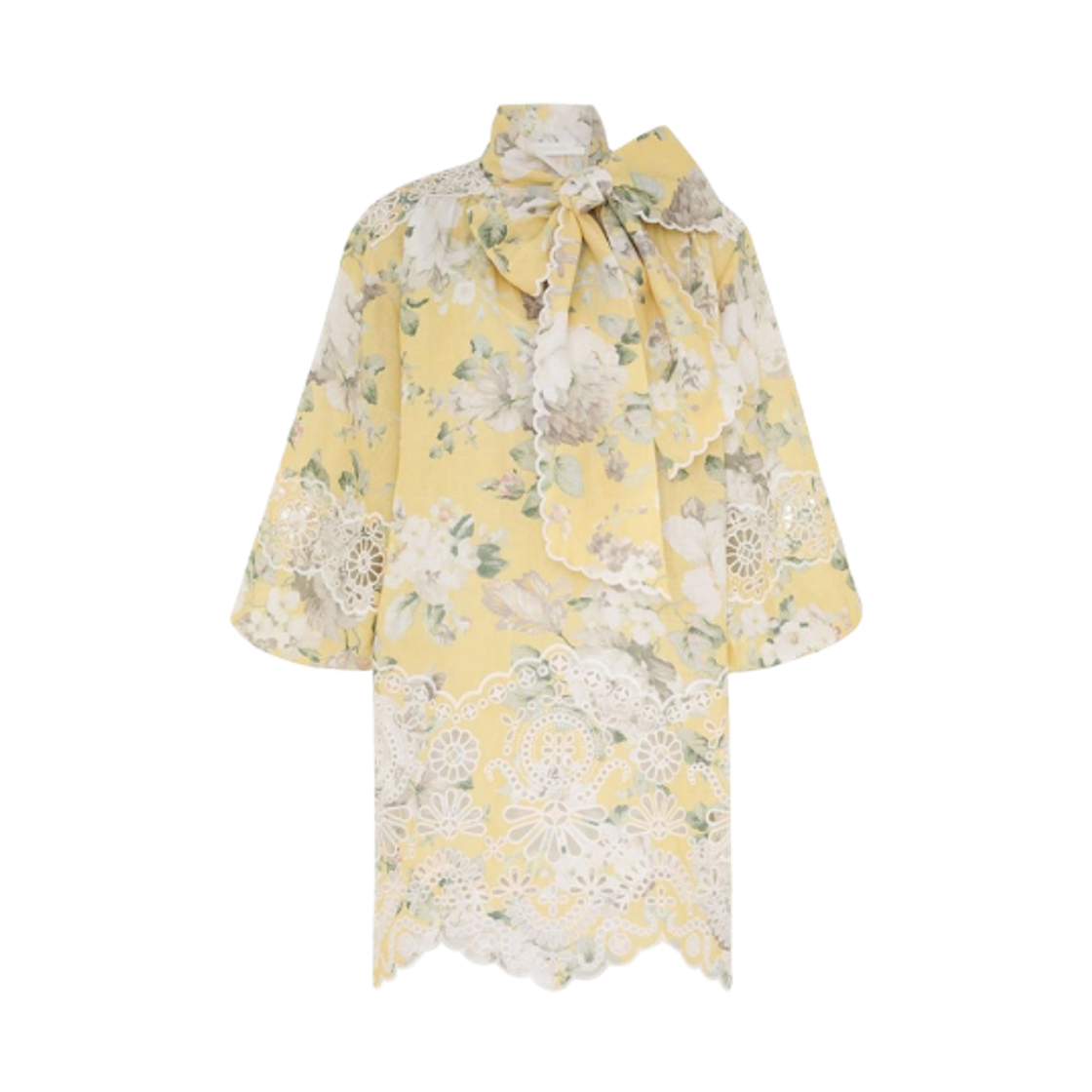 0797DRS252 (W) Zimmermann Acacia Broderie Tie Mini Dress Yellow Floral