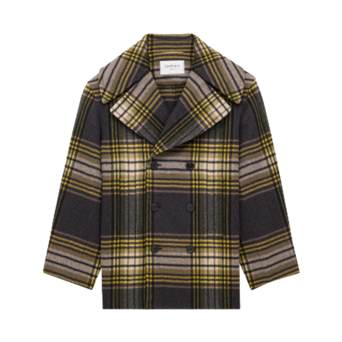 838047-Y3J68-1737 (W) Saint Laurent Wool Tartan Peacoat Noir Jaune Vert