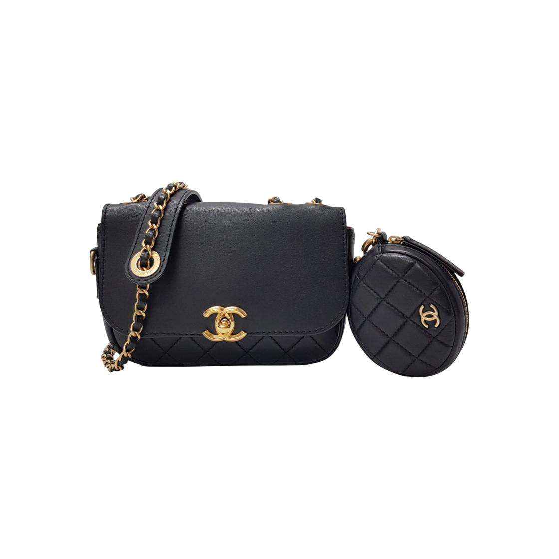 샤넬 AS1094 블랙 카프스킨 금장 메탈 플랩 코인 지갑 숄더백(Chanel Black Calfskin Gold Metal Flap Coin Wallet Shoulder Bag)