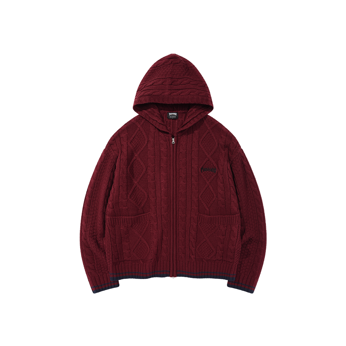 트레셔 플레임 케이블 니트 후드집업 버건디(THRASHER Flame Cable Knit Hooded Zip-Up Burgundy)