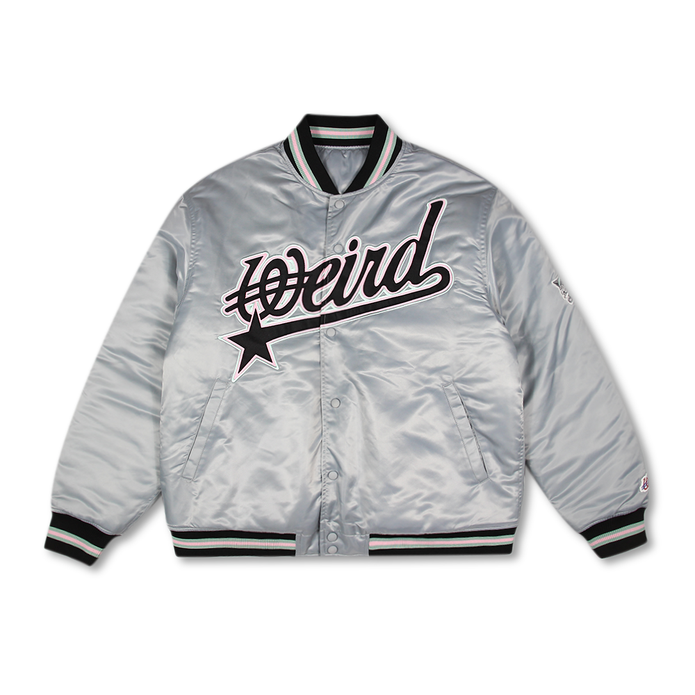 P00000IX Weird World 90s Satin Vasity Jacket Grey