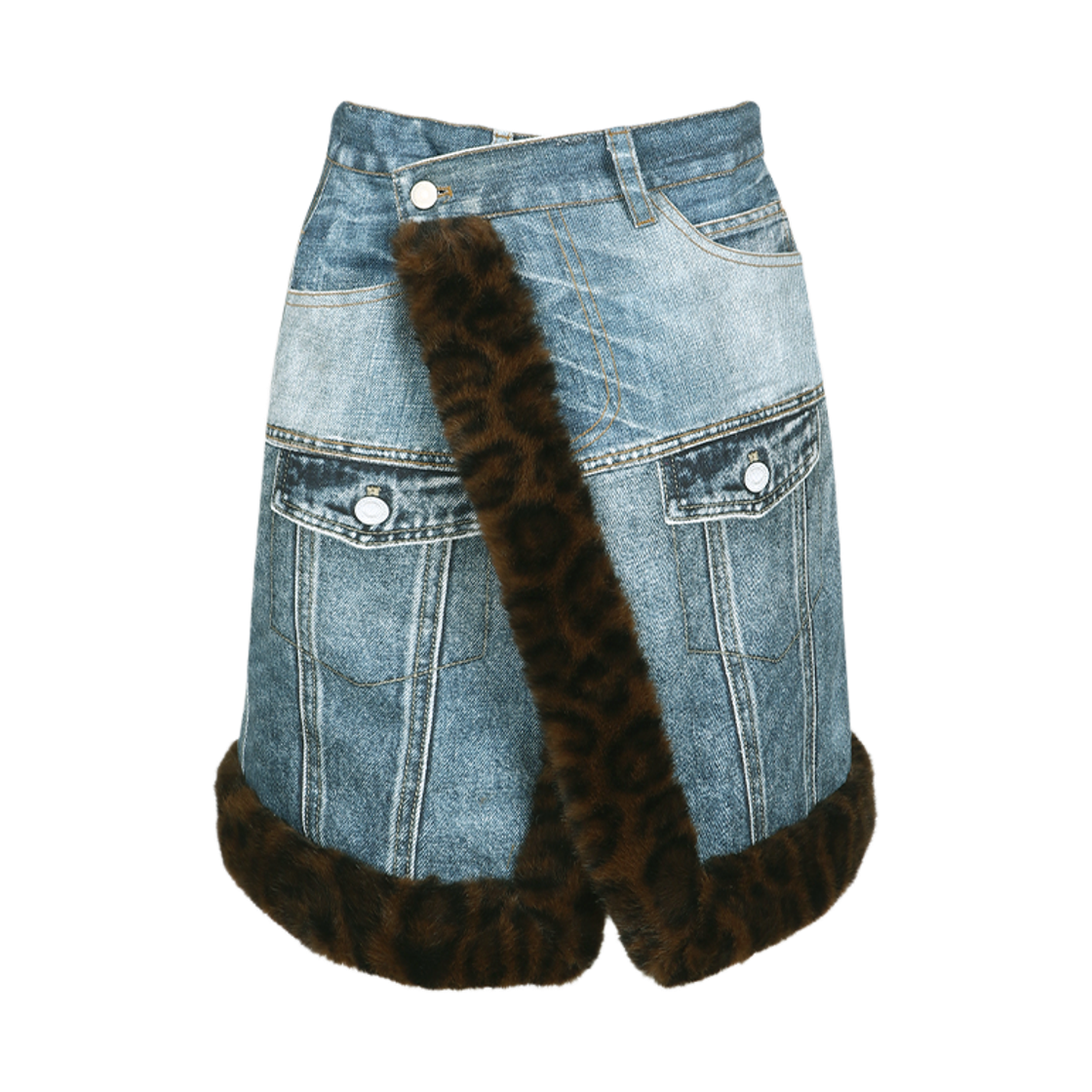 apa863w(BLUE) ADSB Andersson Bell Fur-Edged Denim Print Skirt Blue