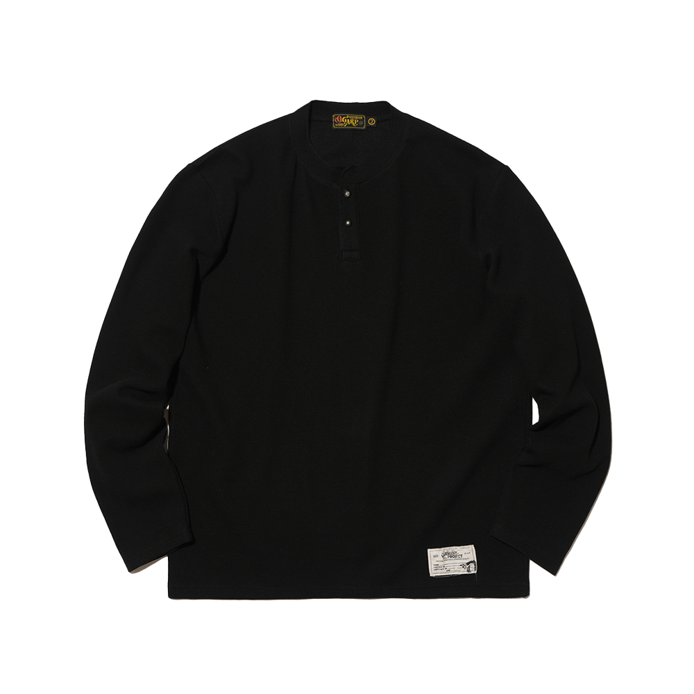 O25FFTS022BK OGARP Waffle Henley Neck Long Sleeve Black