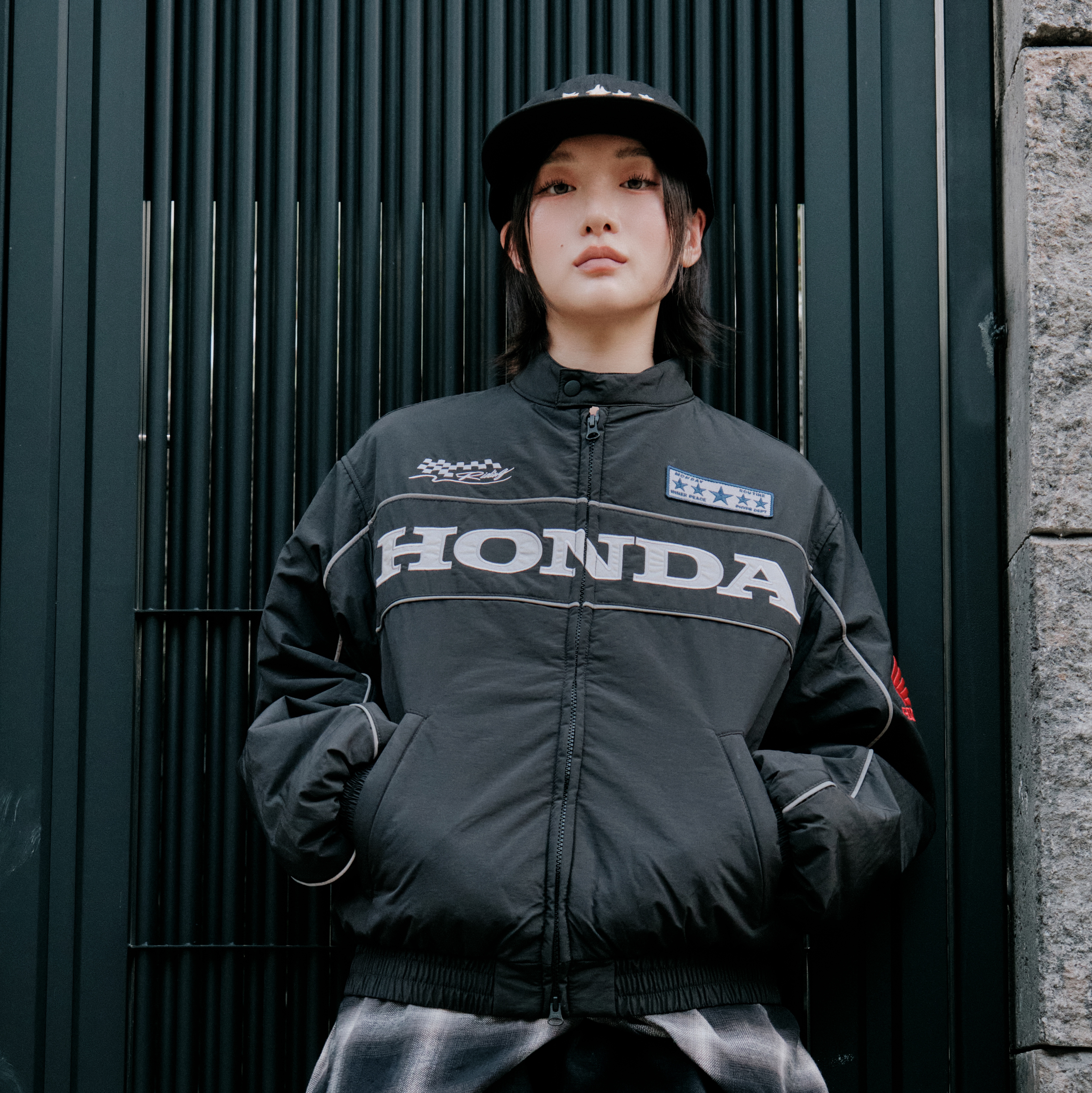 Honda Piping Motorcycle Blouson Jacket Black, Honda Piping Motorcycle Blouson Jacket Ivory 착용 스타일 - 1