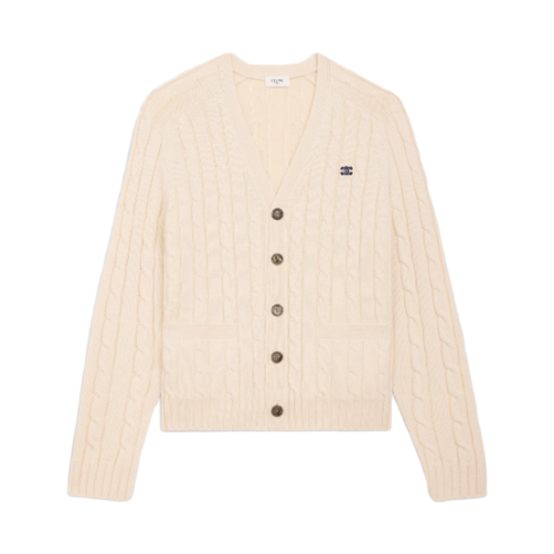 2AD5G362W-01EM Celine Cable Knit Triomphe Cardigan in Cashmere Cream