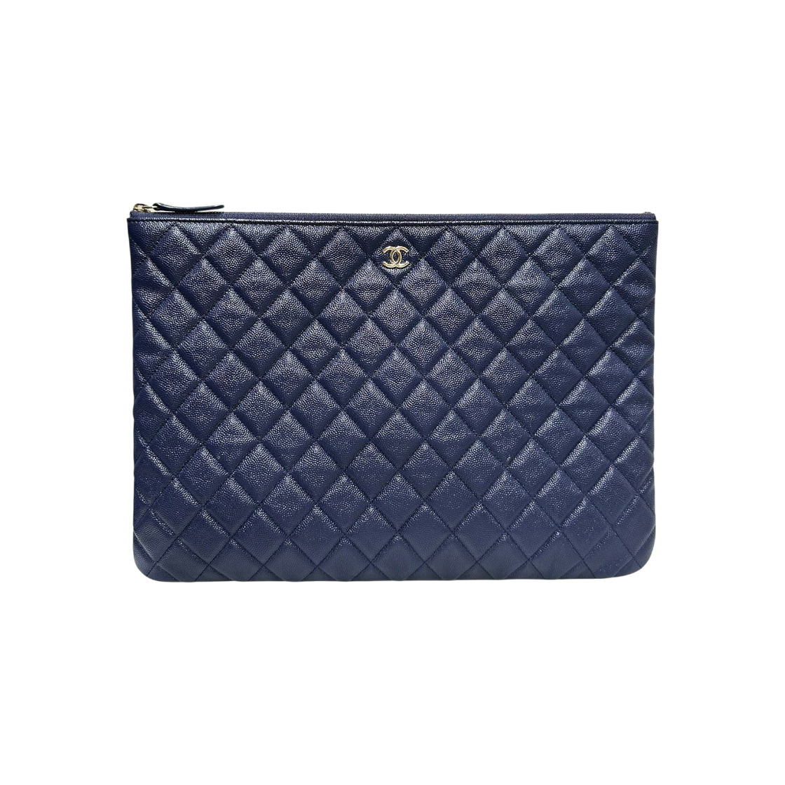 IT4UPNGDGF5B Chanel Caviar Classic Navy Leather Gold Logo Large Clutch
