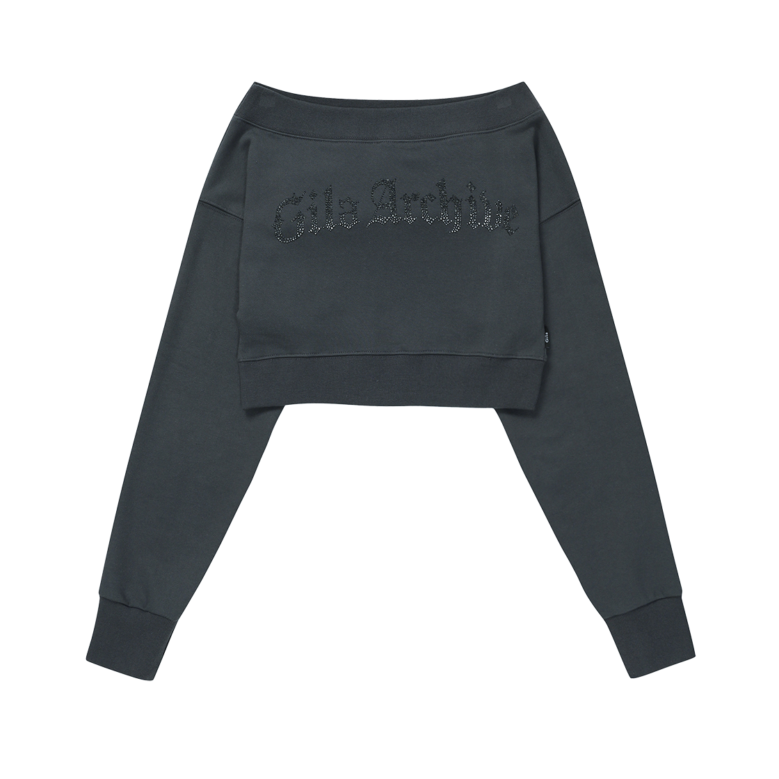 GL25FATP05CH Gila Archive Arch Logo Off Shoulder Sweat Crop Top Charcoal