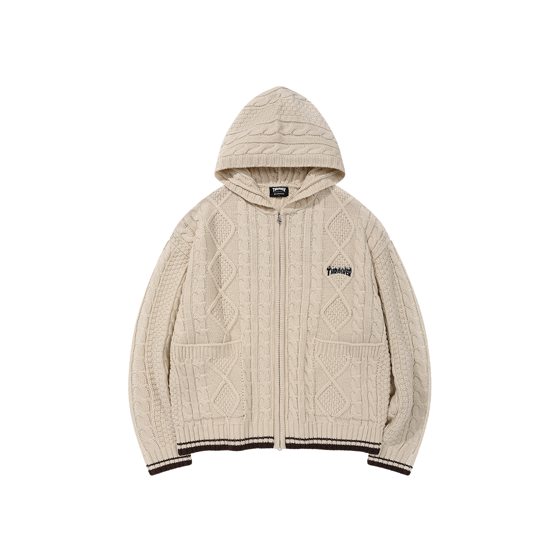 트레셔 플레임 케이블 니트 후드집업 아이보리(THRASHER Flame Cable Knit Hooded Zip-Up Ivory)