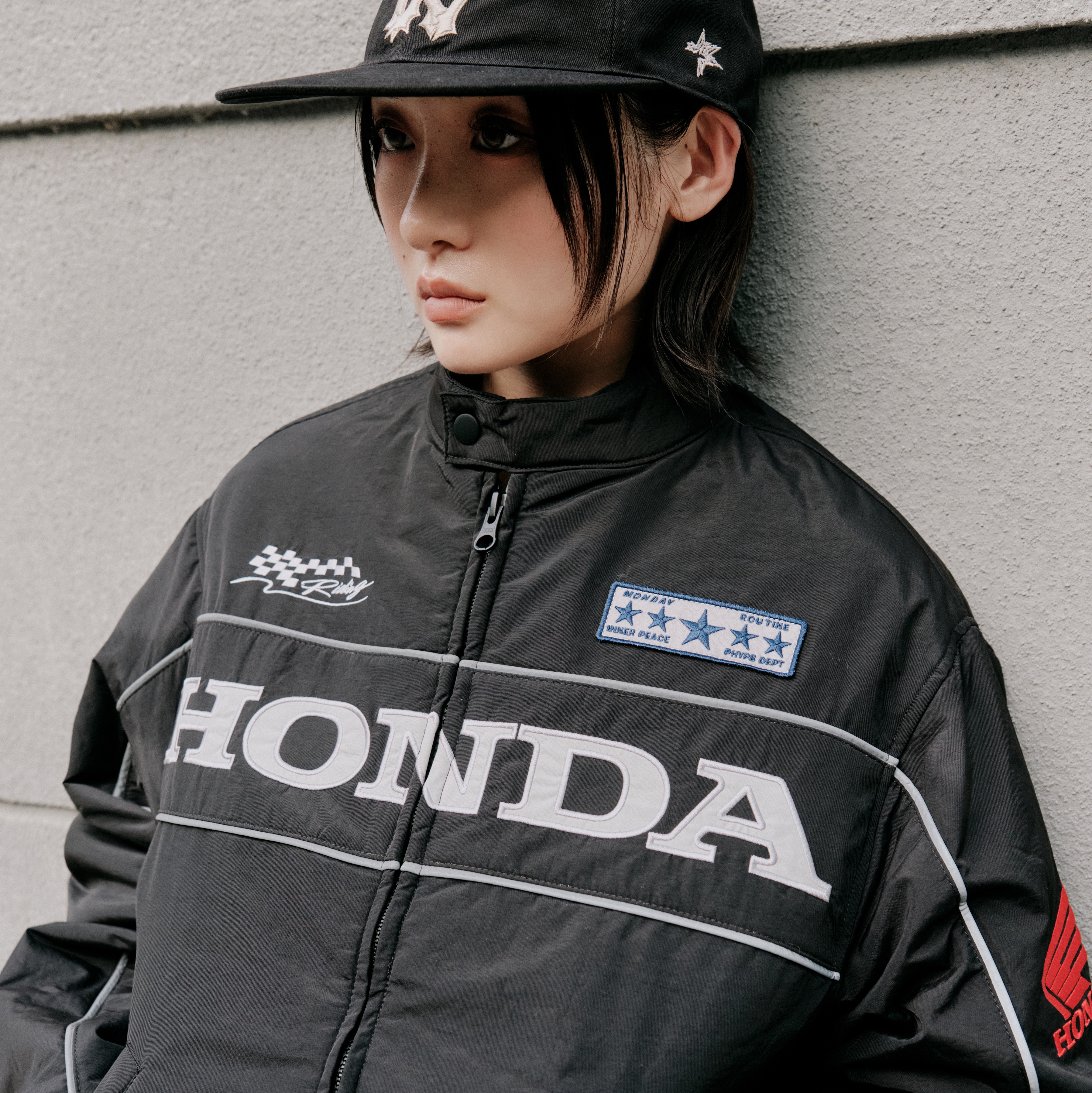 Honda Piping Motorcycle Blouson Jacket Black, Honda Piping Motorcycle Blouson Jacket Ivory 착용 스타일 - 3