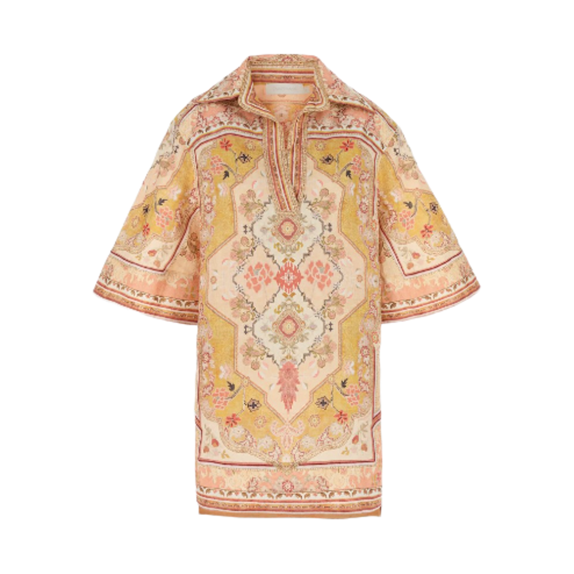(W) 짐머만 프린티드 리넨 와일리 튜닉 드레스 머스타드 멀티((W) Zimmermann Printed Linen Wylie Tunic Dress Mustard Multi)