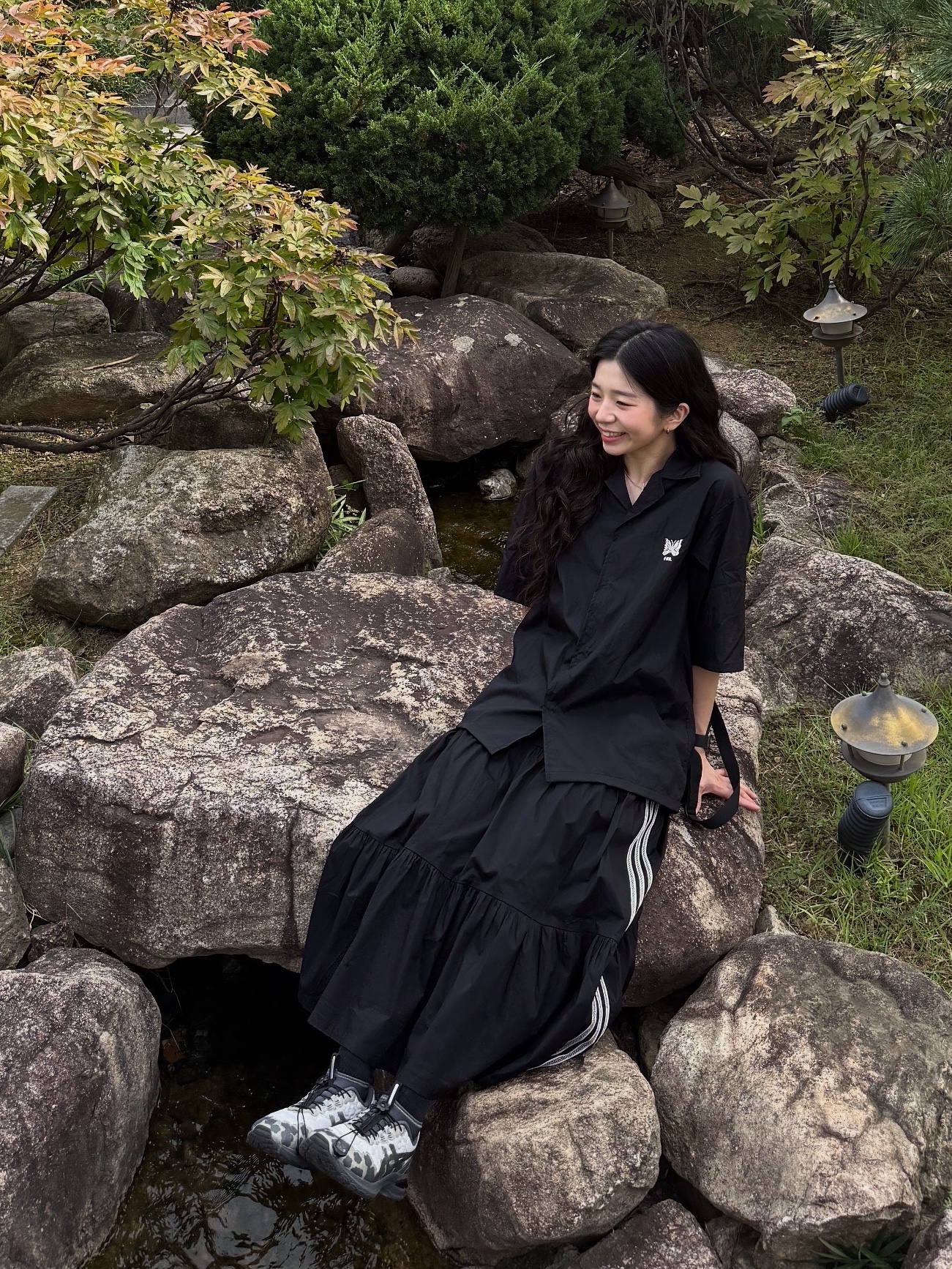 Needles x END. Cabana Shirt Black, (W) Adidas Originals Summer Glow Skirt Black - KR Sizing 착용 스타일 - 1
