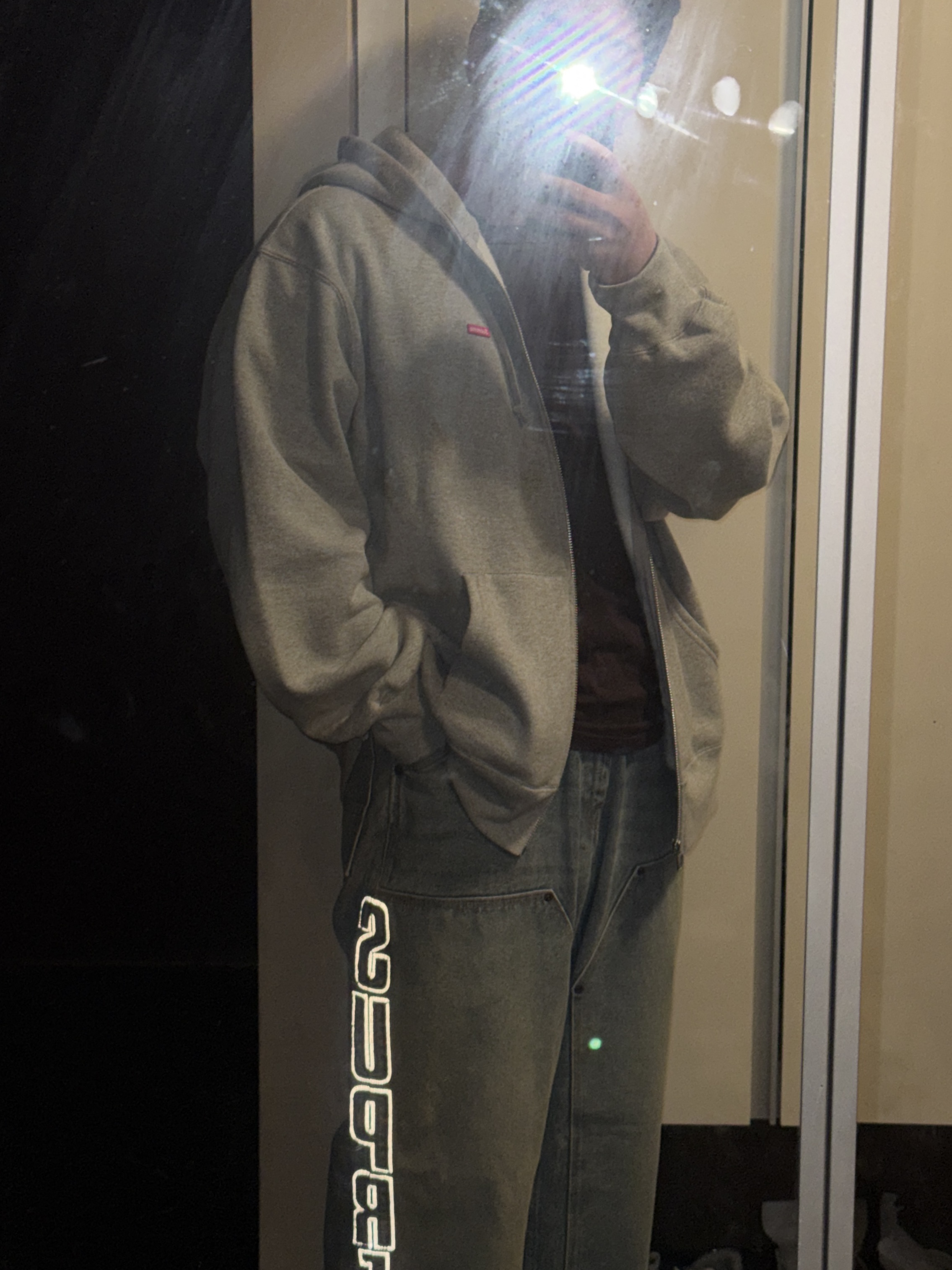 Supreme Small Box Zip Up Hooded Sweatshirt Heather Grey - 25SS, Supreme Reflective Double Knee Pants Denim - 25FW 착용 스타일 - 1