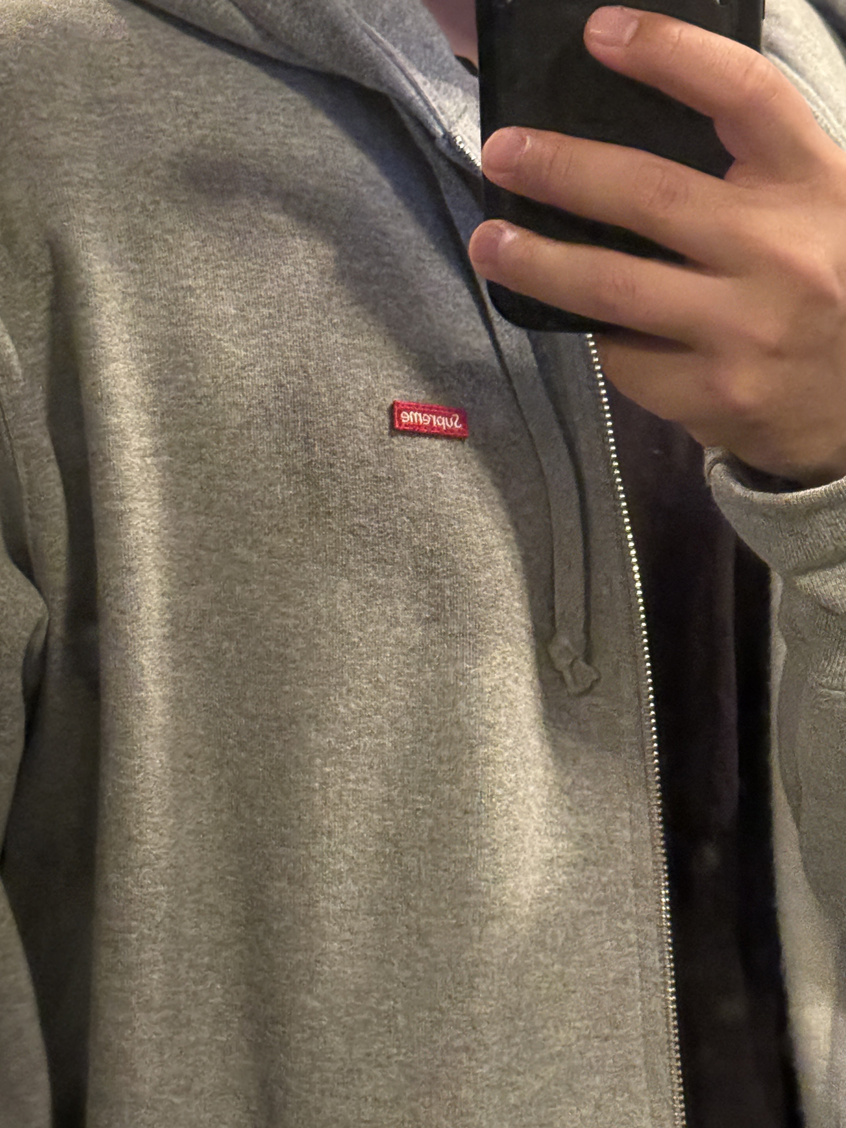 Supreme Small Box Zip Up Hooded Sweatshirt Heather Grey - 25SS, Supreme Reflective Double Knee Pants Denim - 25FW 착용 스타일 - 2