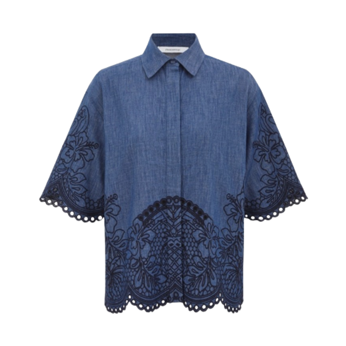 (W) 짐머만 코코 자수 데님 셔츠 레일웨이 블루((W) Zimmermann Coco Embroidered Denim Shirt Railway Blue)