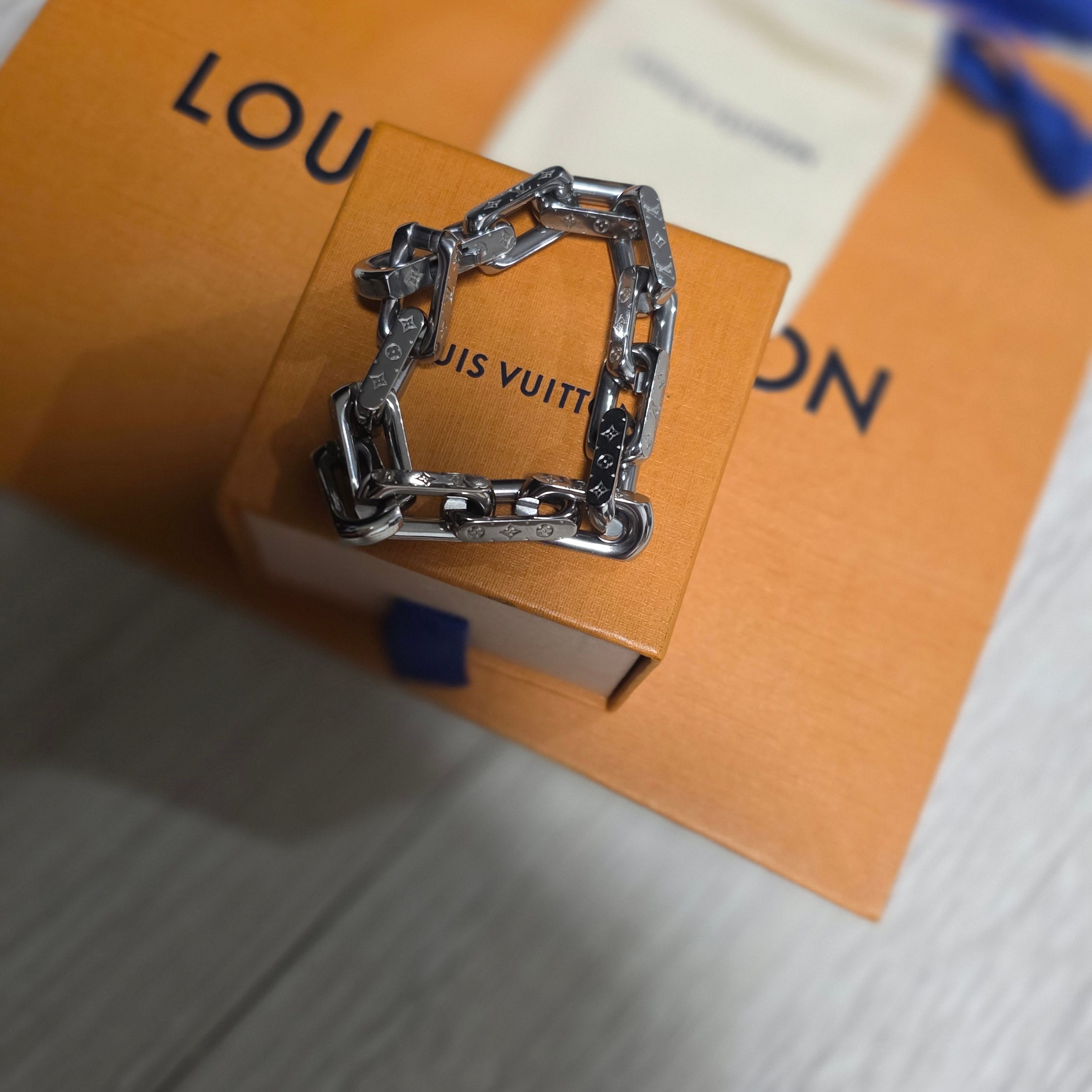 Louis Vuitton Monogram Chain Bracelet Silver 착용 스타일 - 1