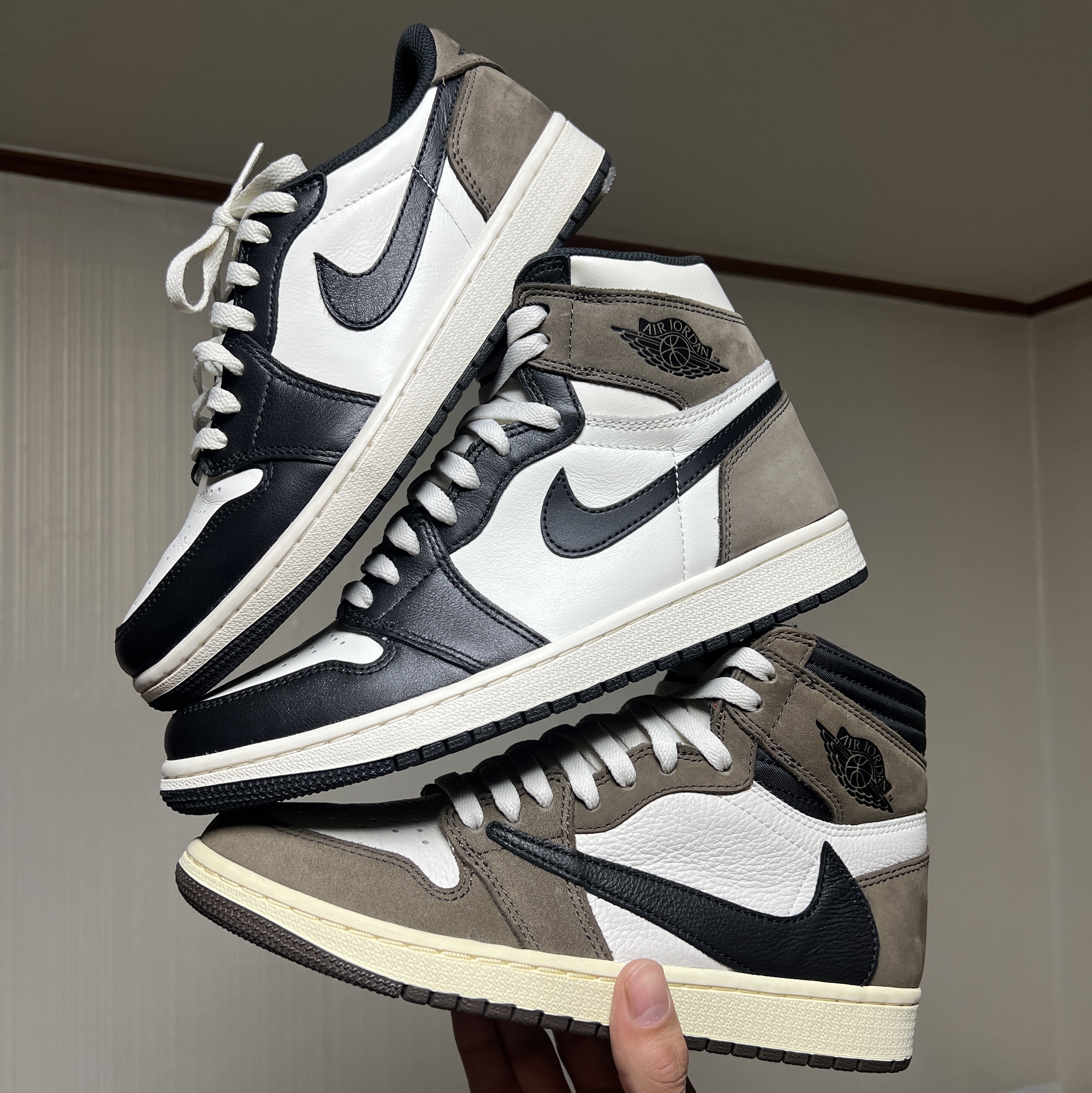 Jordan 1 x Travis Scott Retro High OG SP Mocha, Jordan 1 Retro Low OG Mocha 착용 스타일