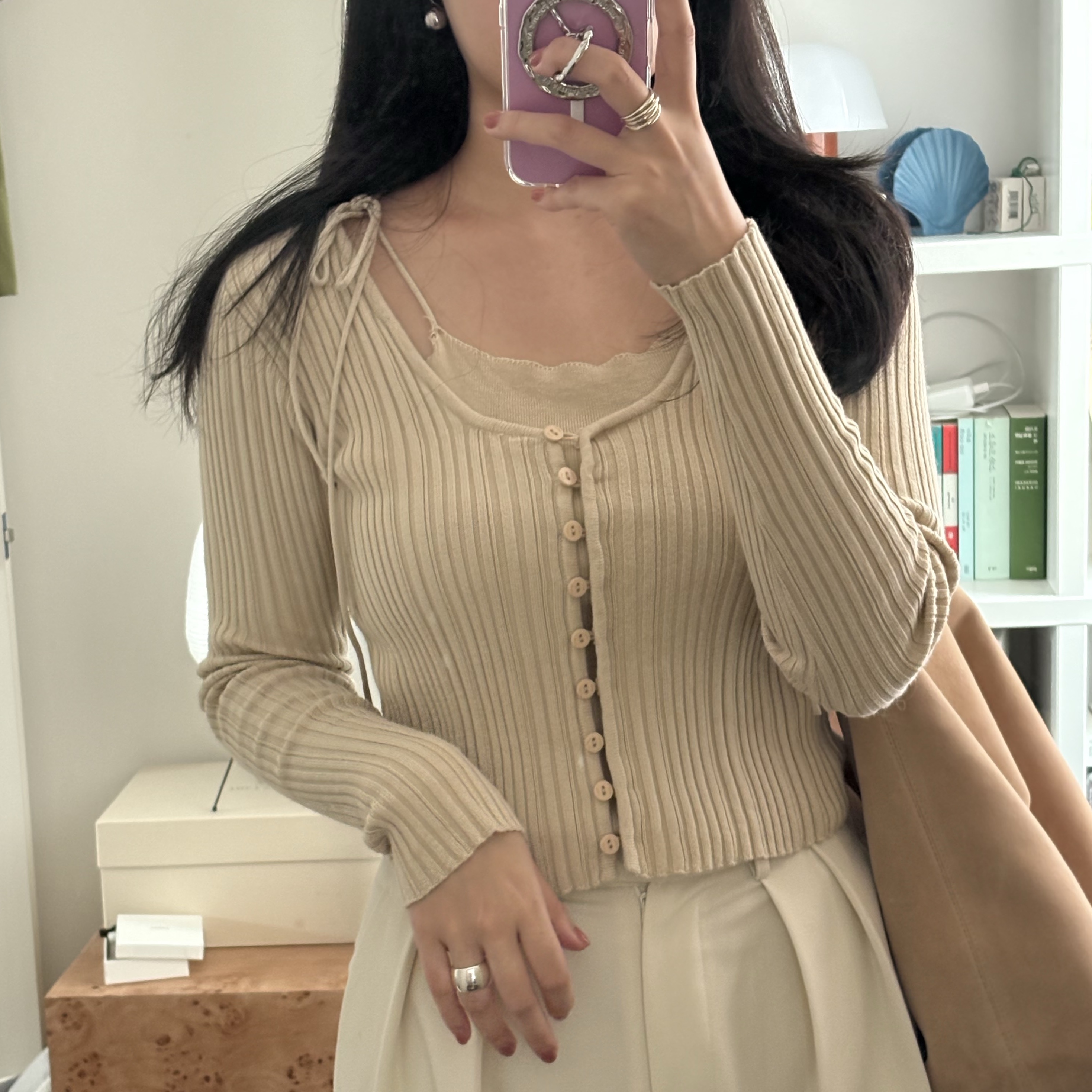 Aviemuah Ave Mac Phone Knob Rhodium, (W) Aviemuah String Top Layered Modal Cardigan Beige 착용 스타일 - 2