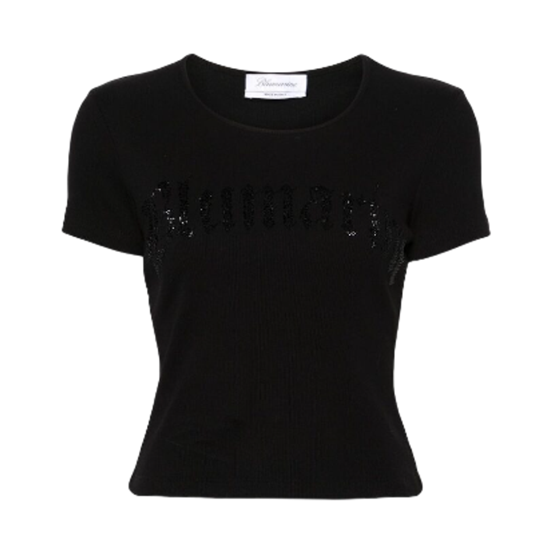 (W) 블루마린 로고 리브드 크롭 코튼 티셔츠 블랙((W) Blumarine Logo Ribbed Crop Cotton T-Shirt Black)