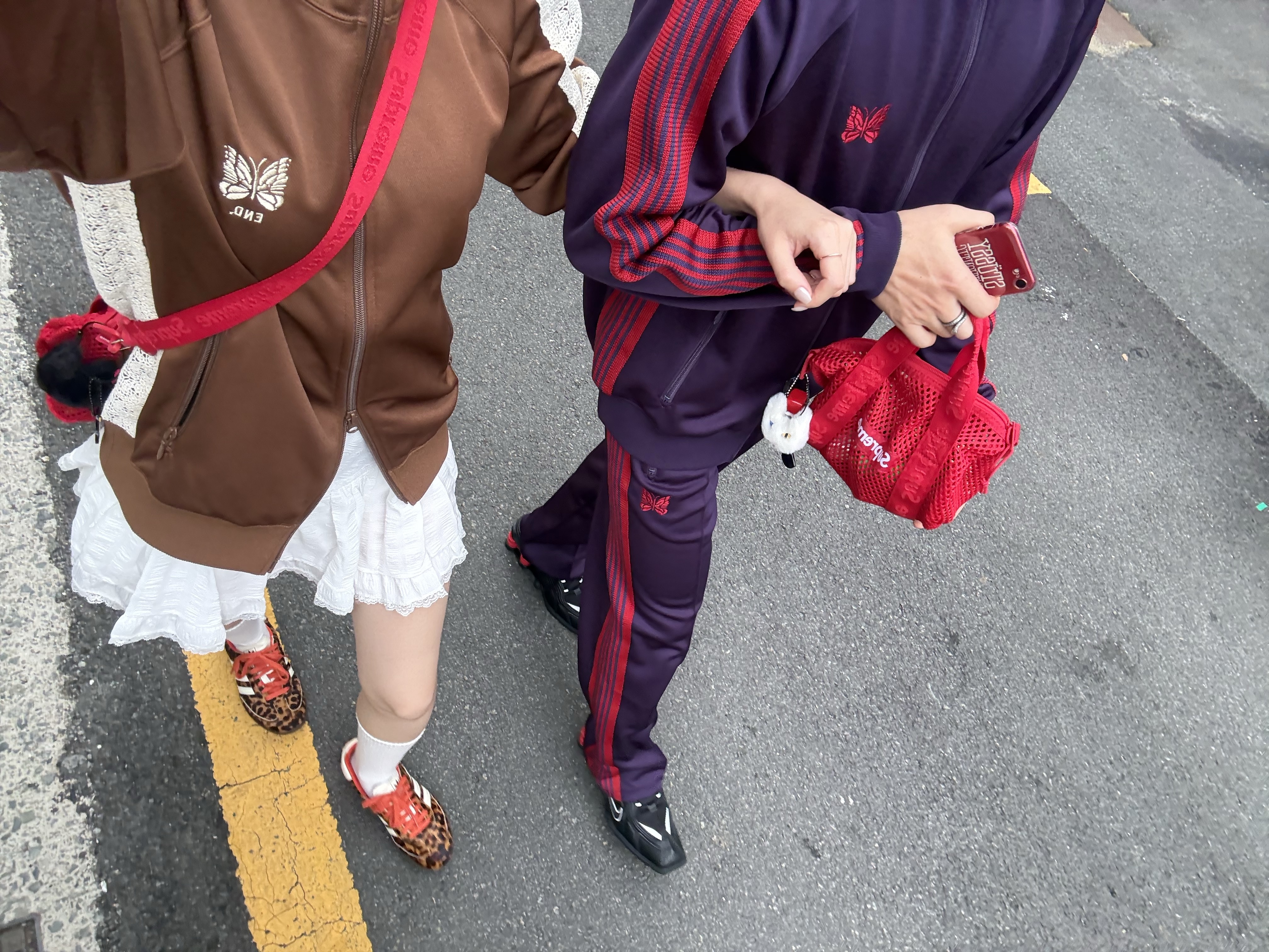 Needles x END. Rattan Track Jacket Brown Natural, Needles Straight Track Pants Poly Smooth Dark Purple 착용 스타일