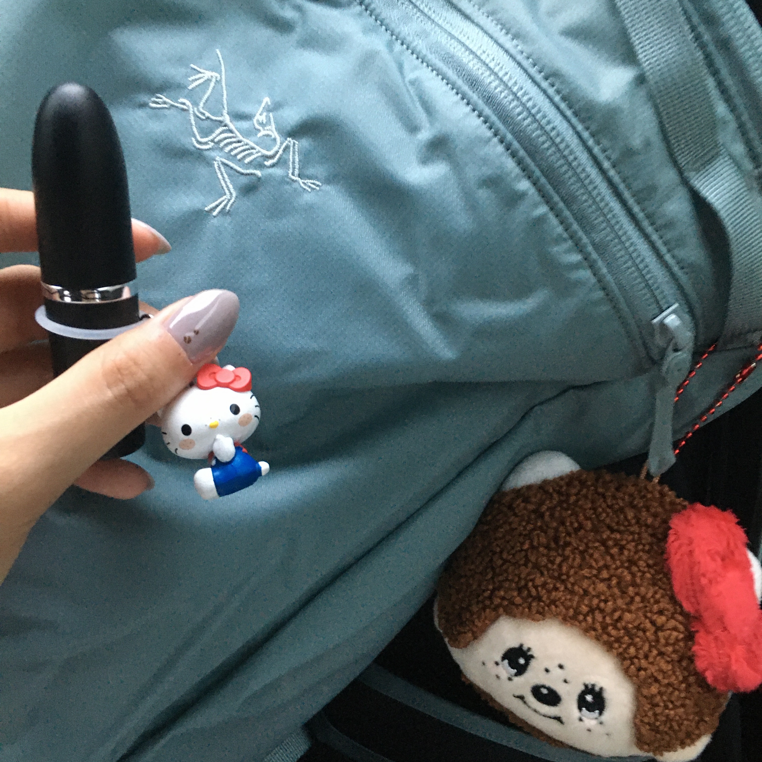 Arc'teryx Heliad 15 Backpack Robotica, Sanrio Hello Kitty x Monchhichi Zipper Pouch Key Chain 착용 스타일