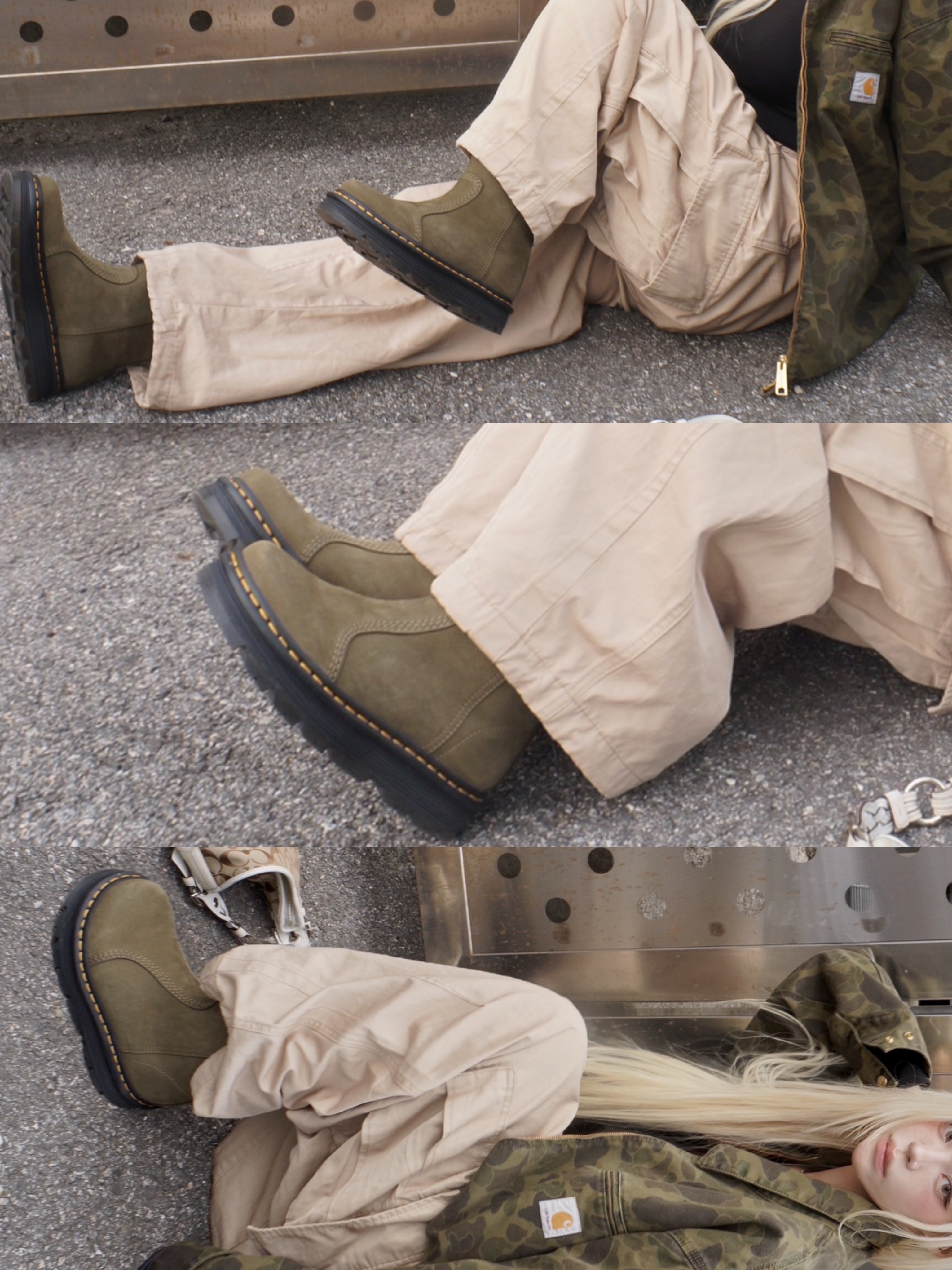 (W) Dr. Martens Zebzag Rigger Leather Boots DMS Olive 착용 스타일 - 3
