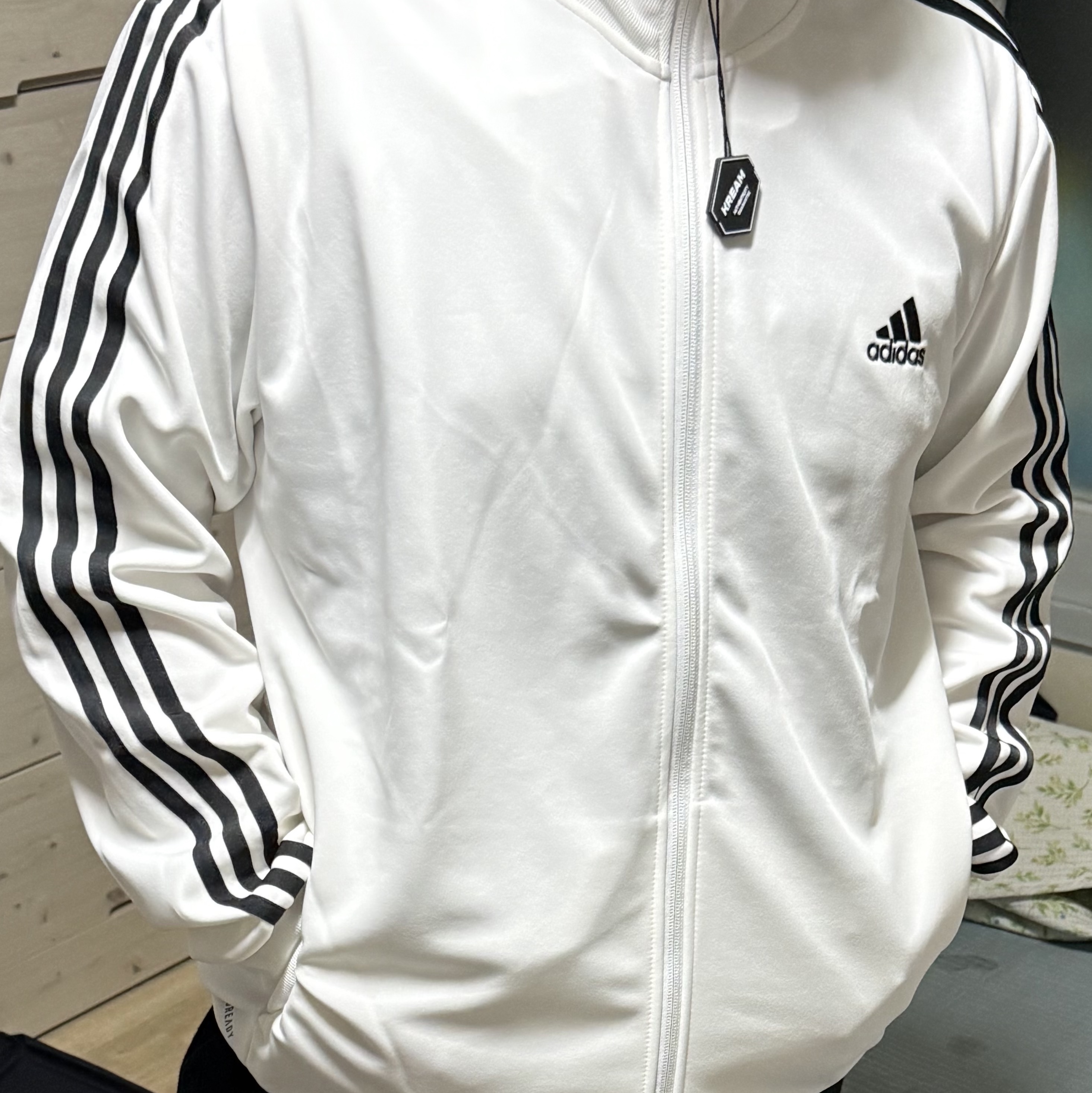 Adidas 3S Regular Fit Double Knit Track Top White - KR Sizing 착용 스타일
