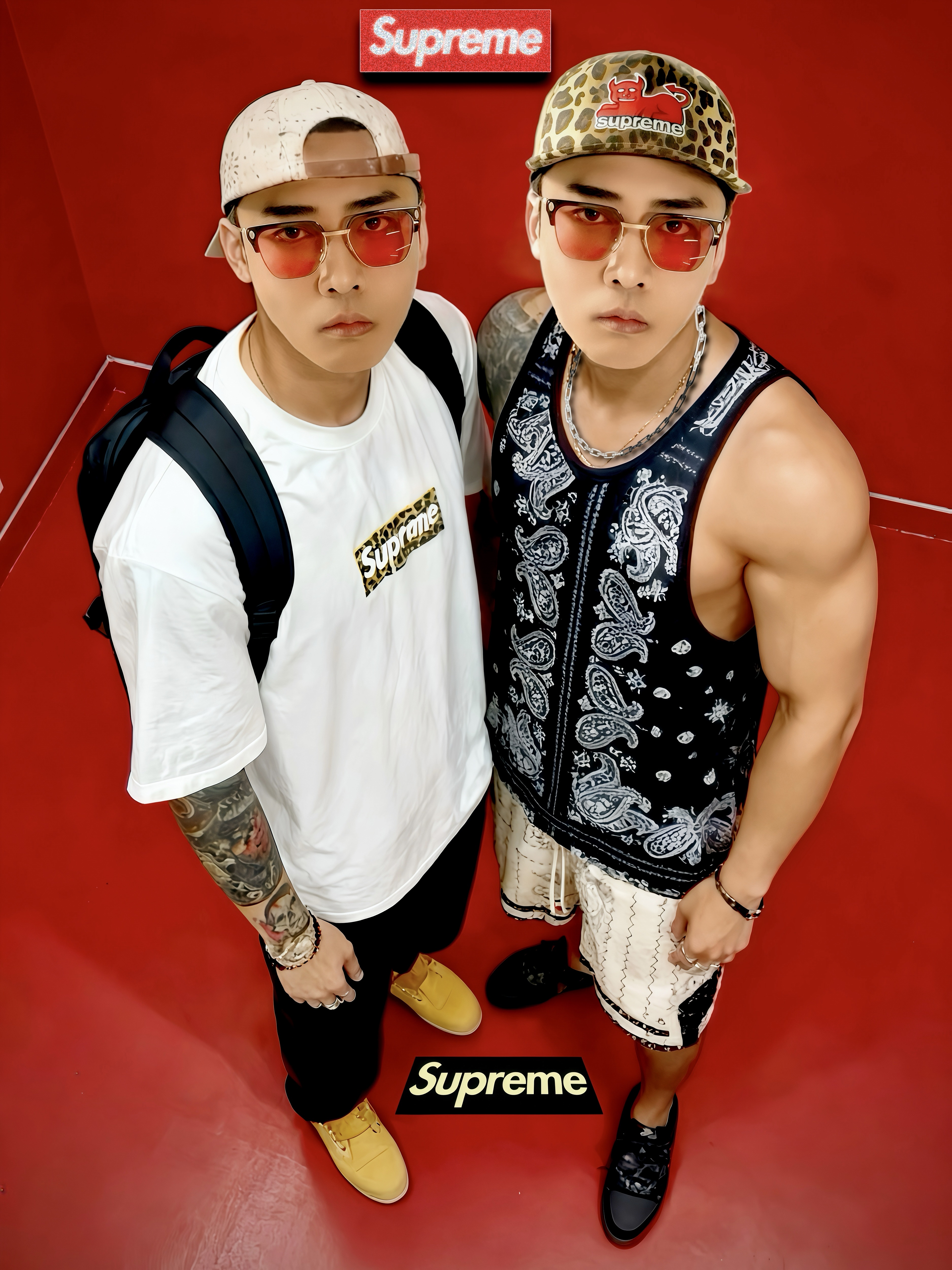 Supreme Bandana Camp Cap Tan - 21SS, Jordan x Travis Scott Shorts Light Iron Ore - US/EU 착용 스타일 - 4