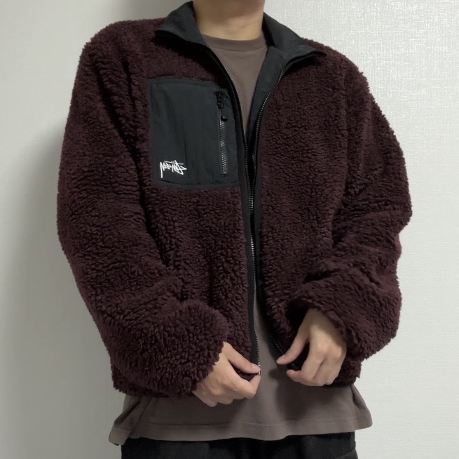 Stussy Sherpa Reversible Jacket Burgundy, Stussy Sherpa Reversible Jacket Black 착용 스타일 - 1