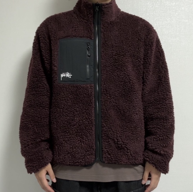 Stussy Sherpa Reversible Jacket Burgundy, Stussy Sherpa Reversible Jacket Black 착용 스타일 - 2