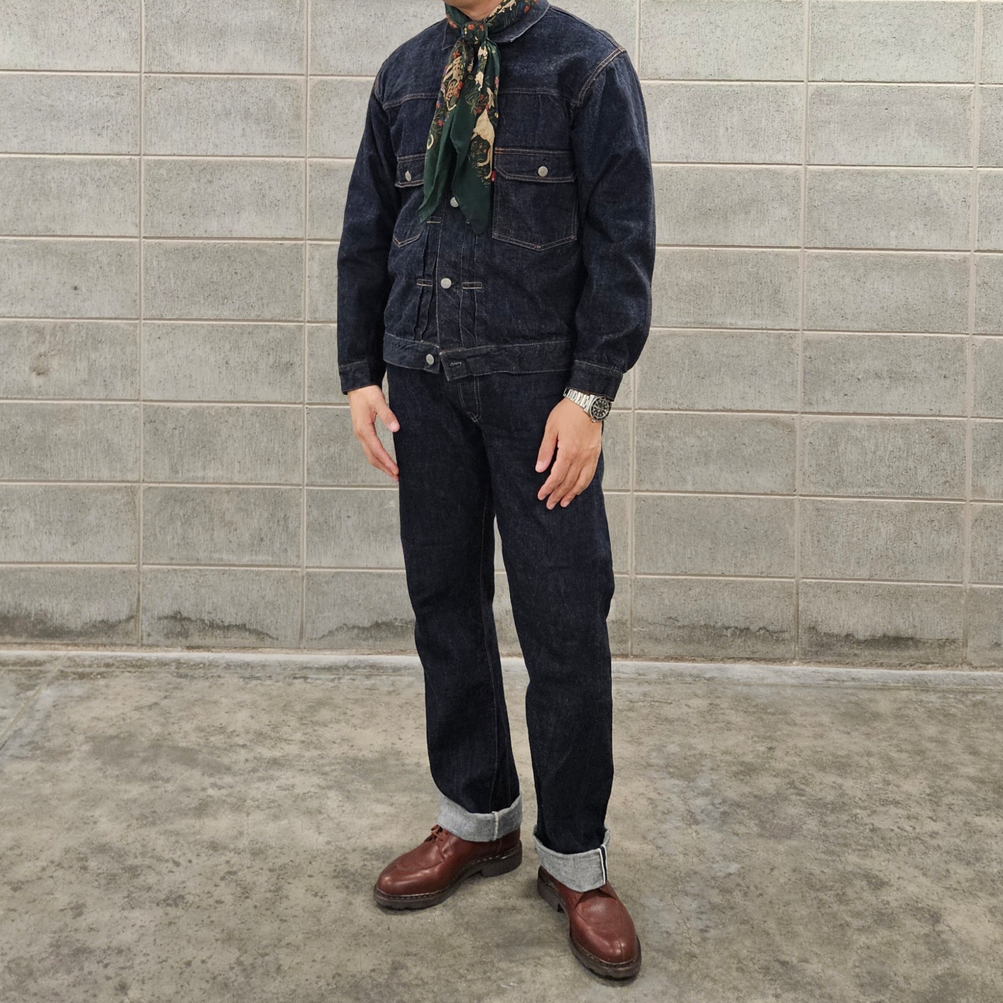 Fullcount 1101W Straight Denim One Wash Indigo Blue, Fullcount 2102W-20 Type 2 Denim Jacket One Wash Indigo Blue - Red Tab 착용 스타일 - 3