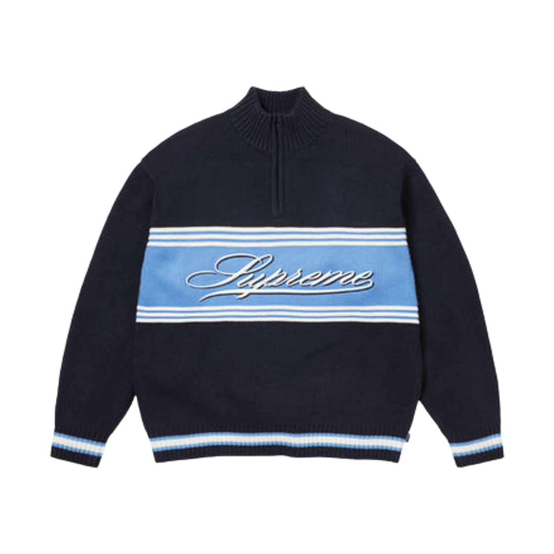 - Supreme Script Stripe Half Zip Sweater Navy - 25FW