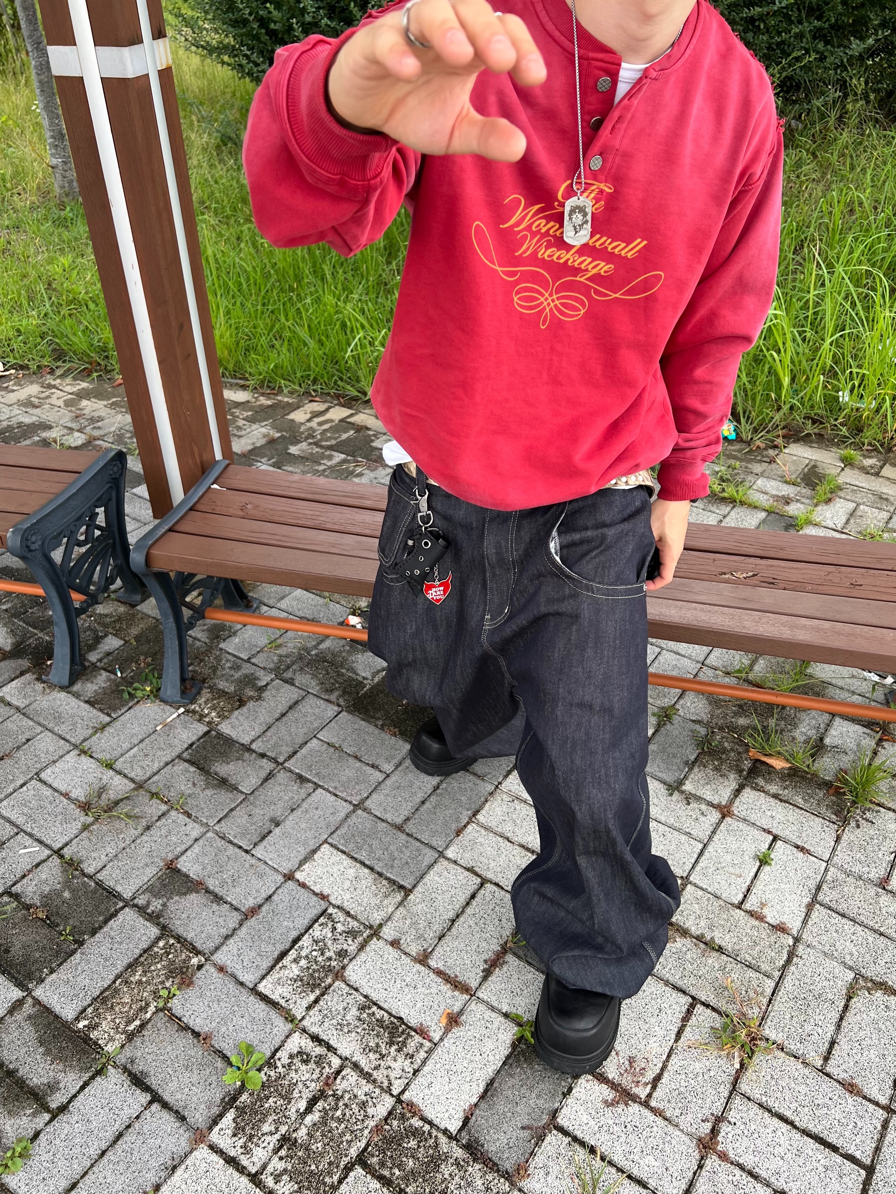 Project G/R Retro Baggy Denim Pants Dark Navy 착용 스타일 - 4