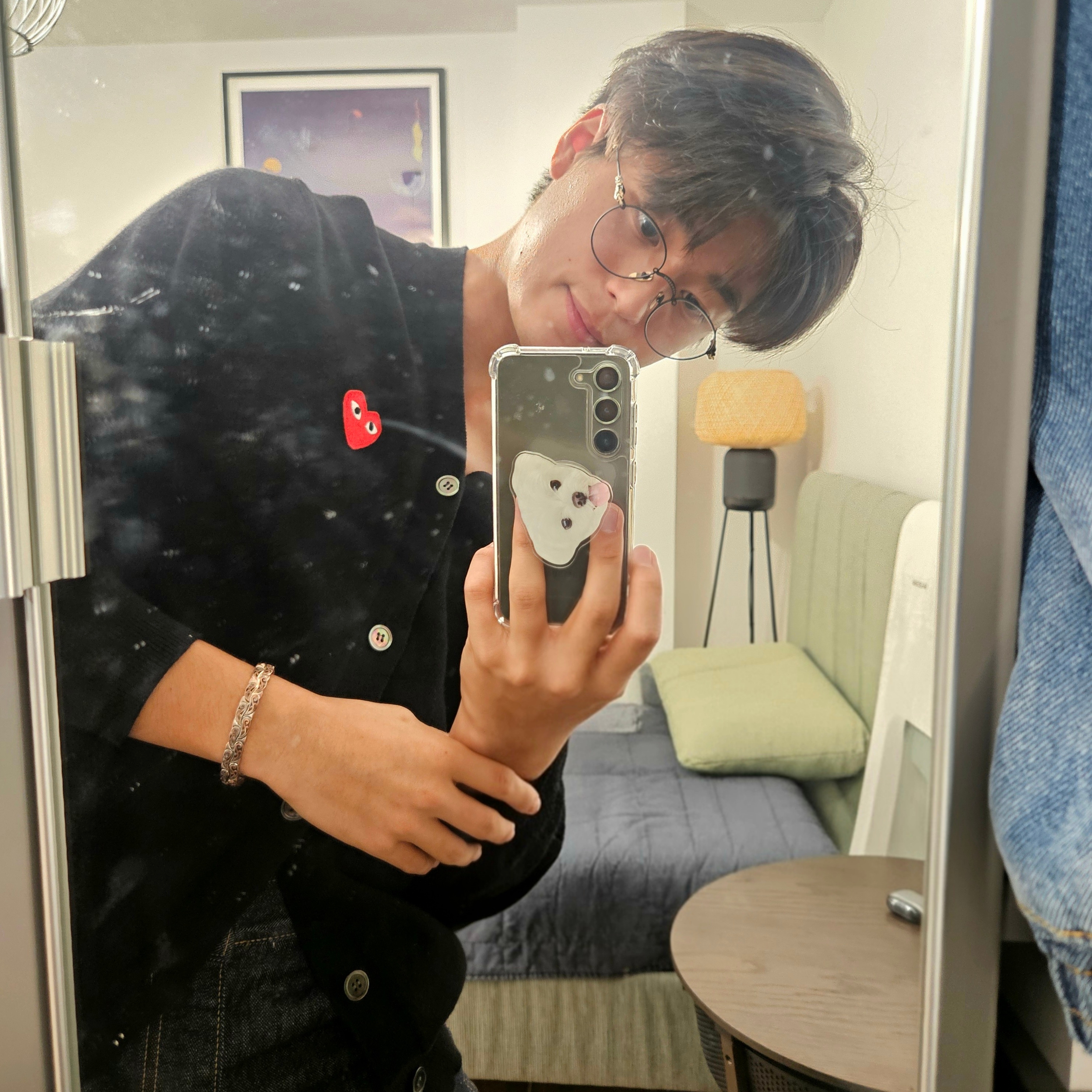 Chrome Hearts Bubba-A Matte Black Shiny Silver Matte Black Plastic, Play Comme des Garcons Red Heart Knit Cardigan Black 착용 스타일