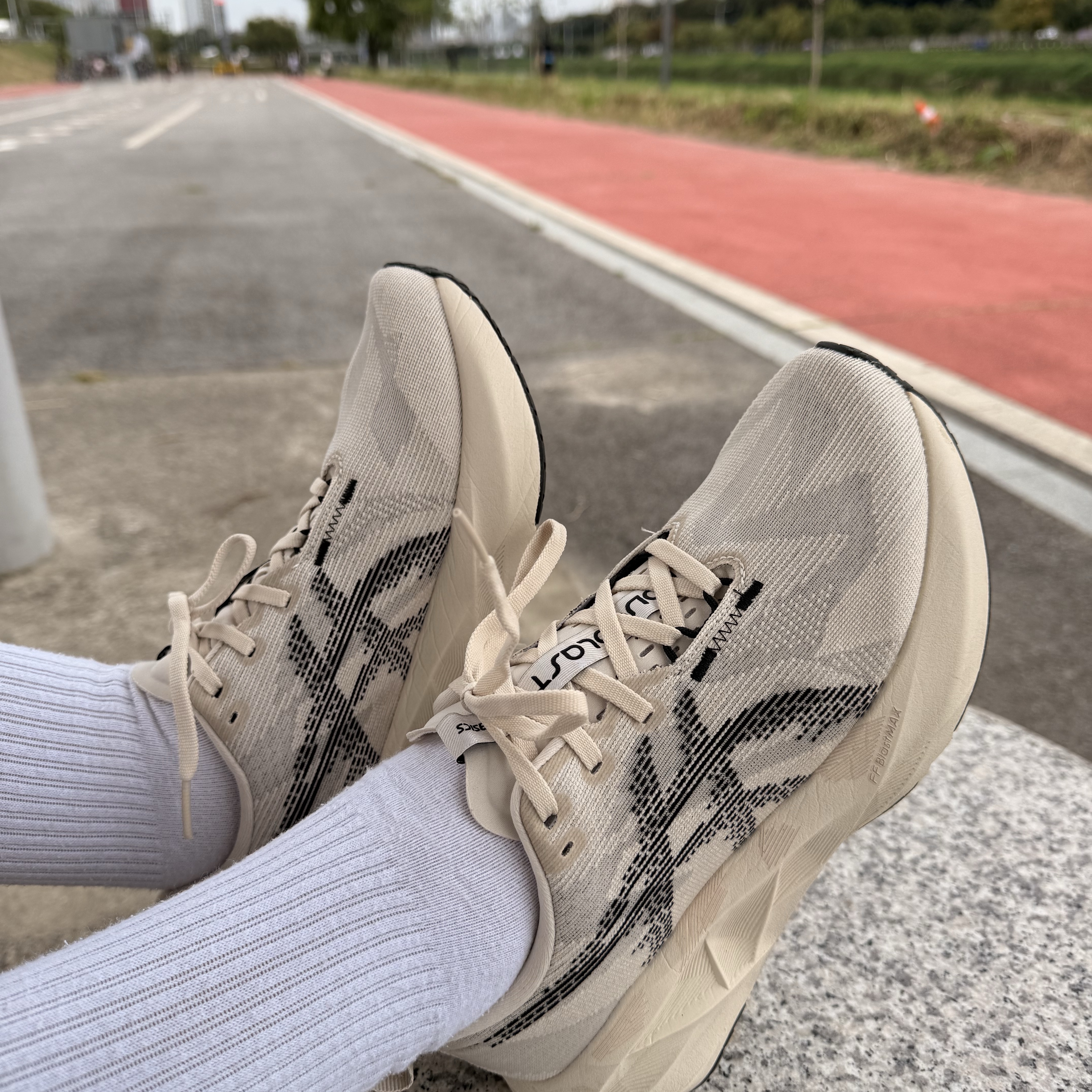 Asics Novablast 5 Oatmeal Black - D Standard 착용 스타일