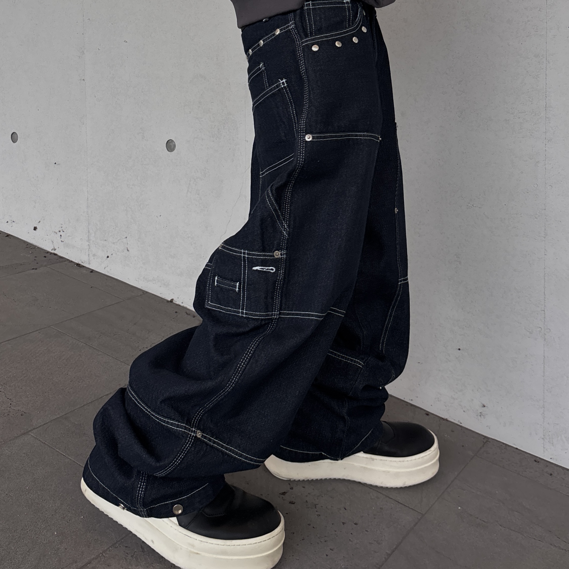Flavorism Carpenter Wide Baggy jeans Deep Indigo, Rick Owens Concordians Mega Bumper Geobasket 착용 스타일 - 8
