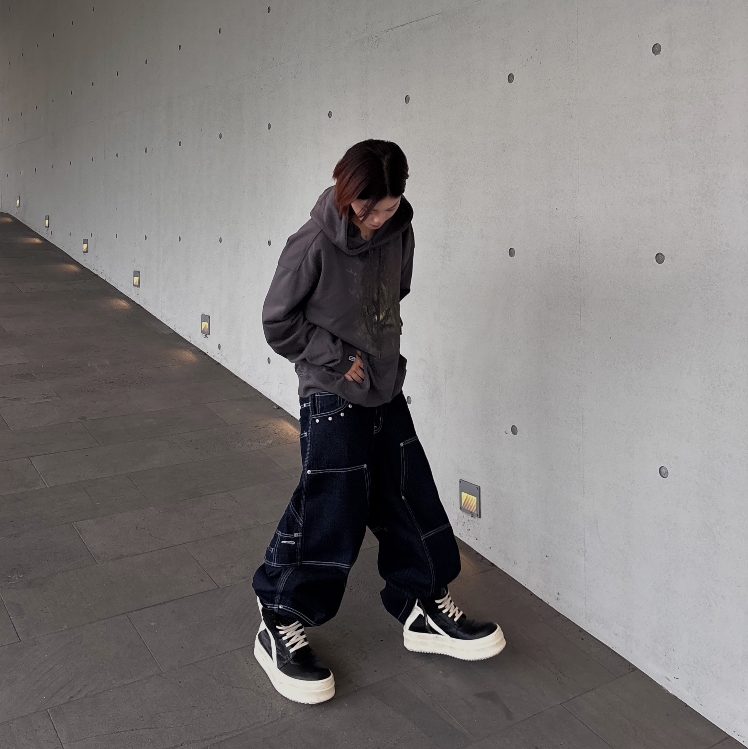 Flavorism Carpenter Wide Baggy jeans Deep Indigo, Rick Owens Concordians Mega Bumper Geobasket 착용 스타일 - 1