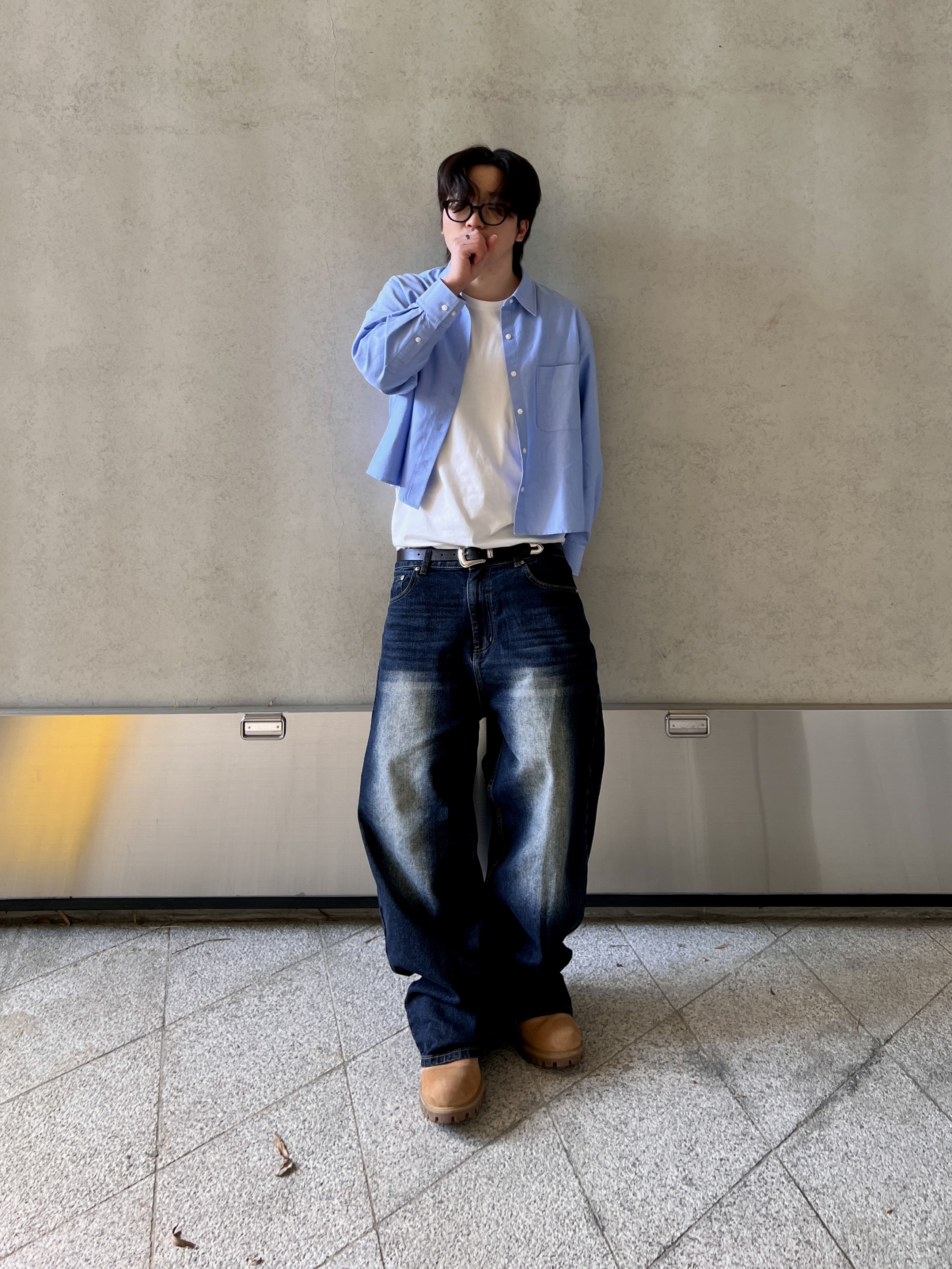 Timberland Premium 6 inch Waterproof Boot Wheat Nubuck - Wide, (W) Uniqlo x JW Anderson Oxford Boxy Shirt Blue - KR 착용 스타일 - 2