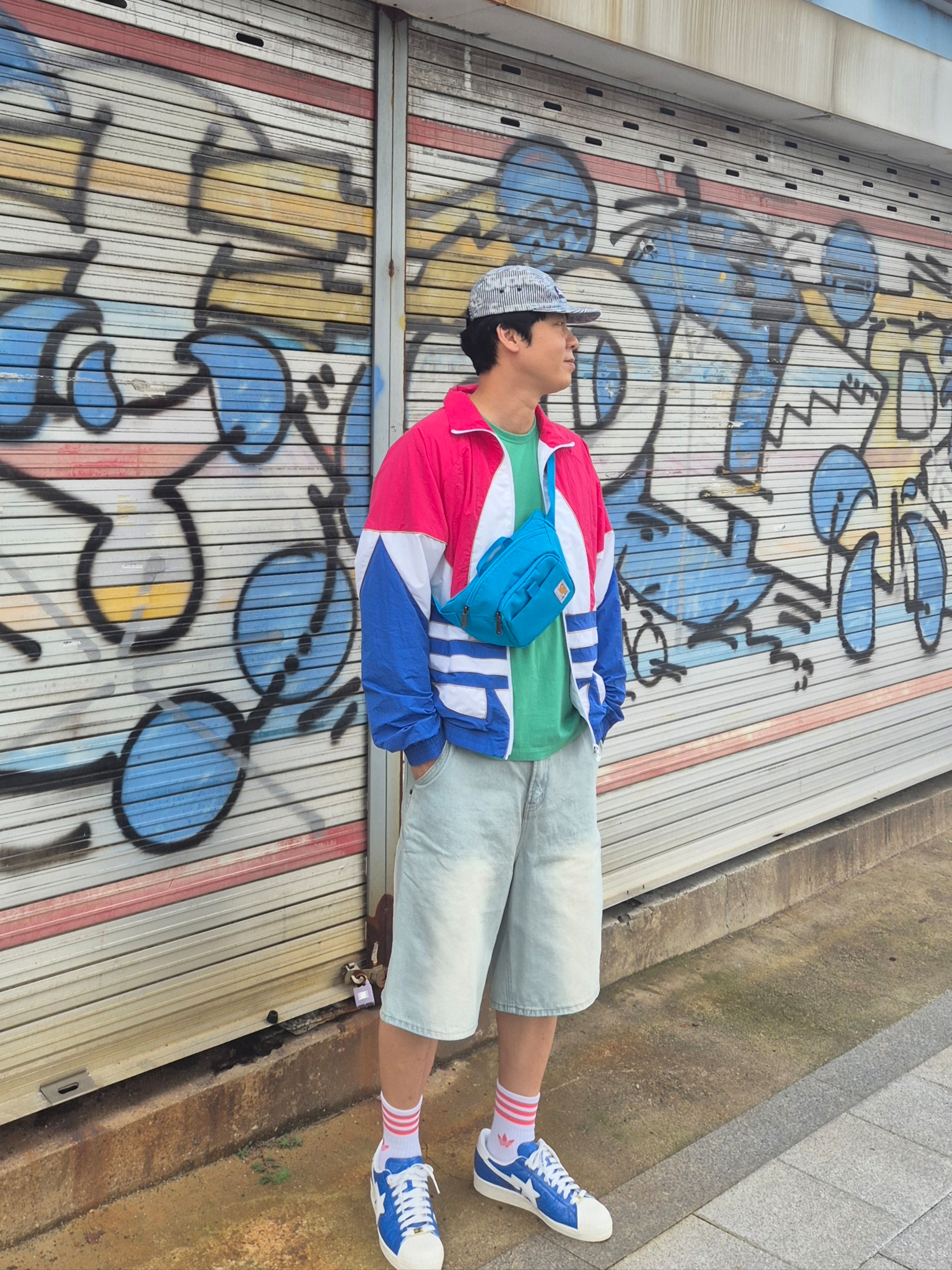 Adidas x BAPE Superstar Vintage Blue Cloud White, Supreme Denim Camp Cap Stripe - 24SS 착용 스타일 - 1