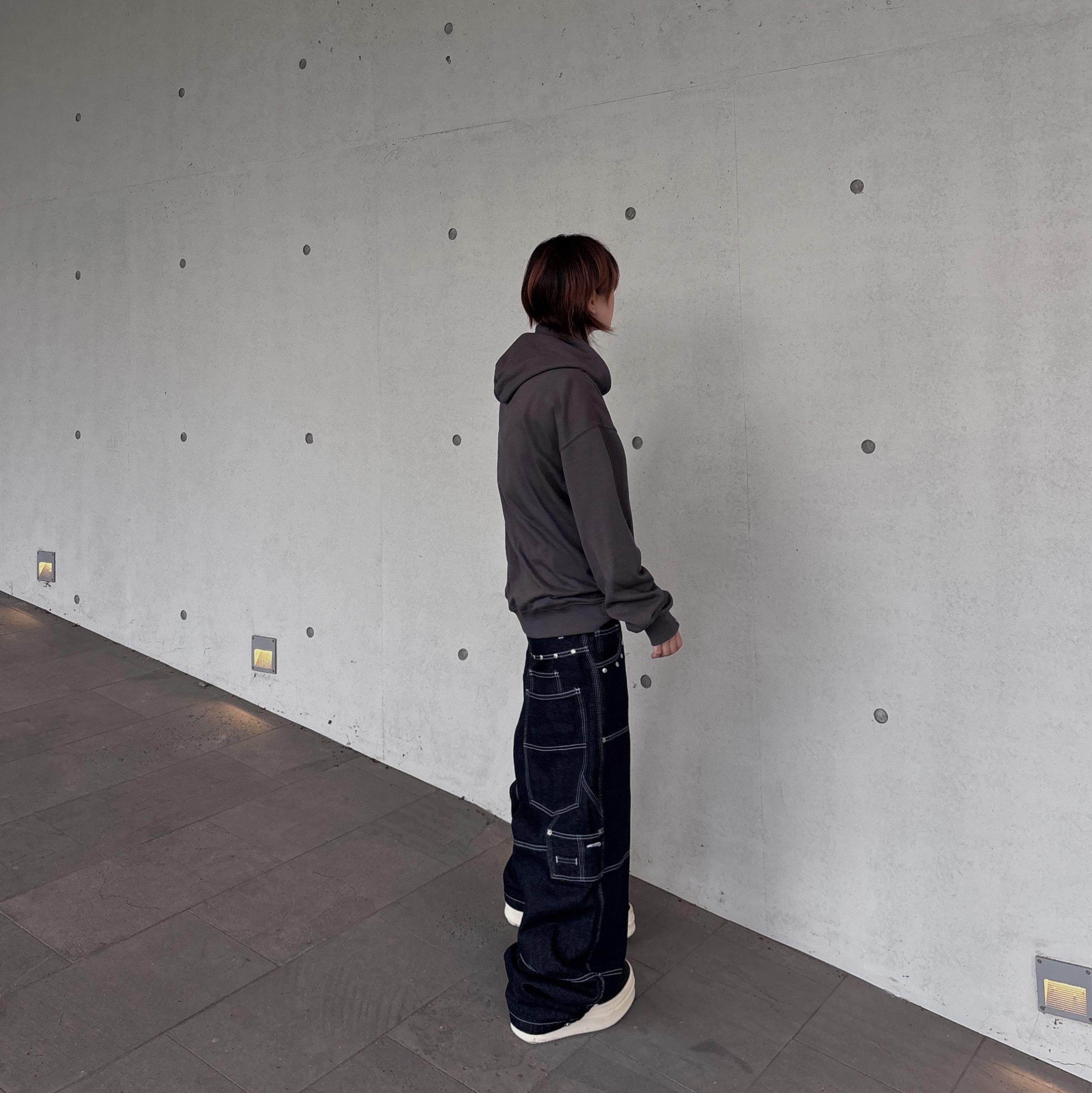 Flavorism Carpenter Wide Baggy jeans Deep Indigo, Rick Owens Concordians Mega Bumper Geobasket 착용 스타일 - 7