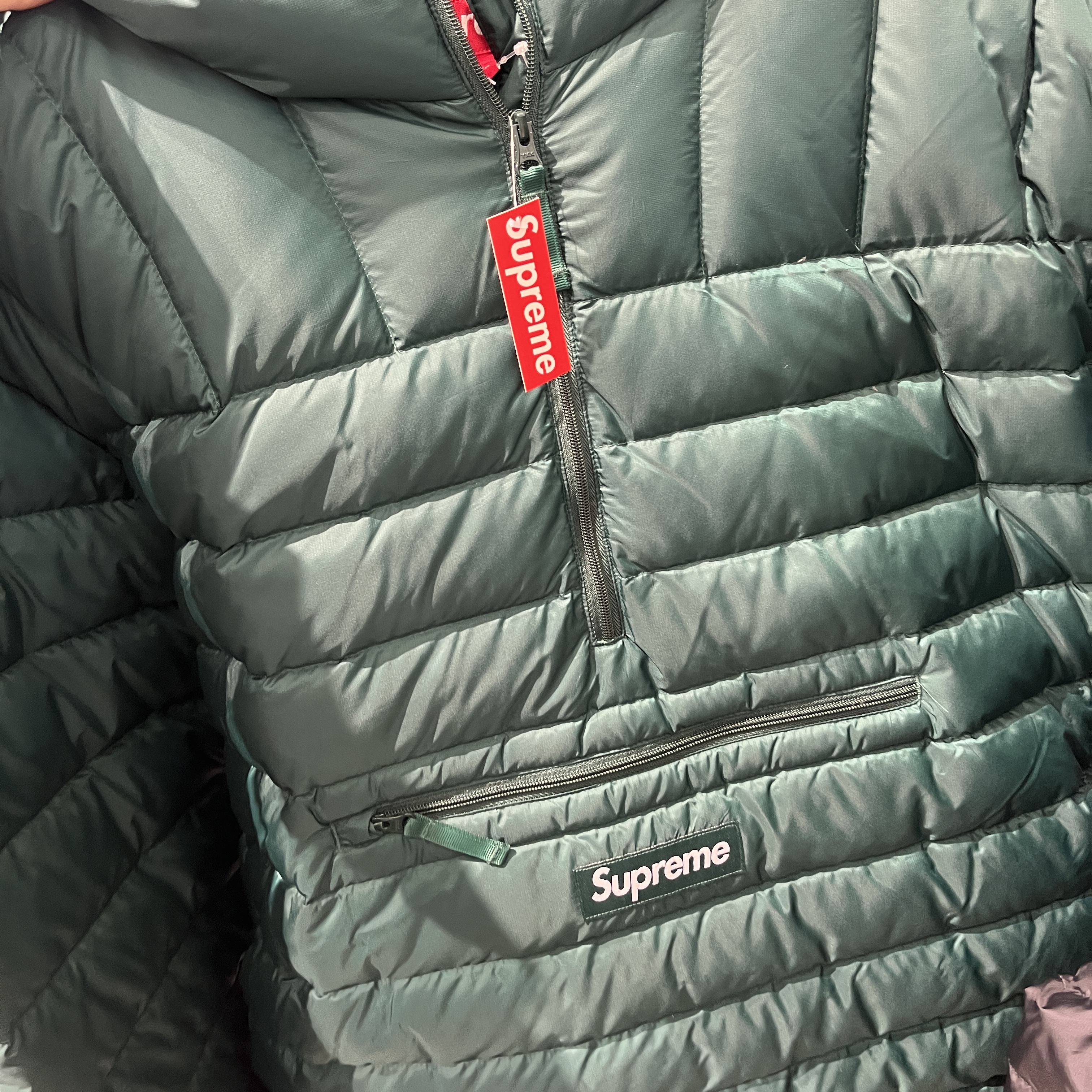 Supreme Micro Down Half Zip Hooded Pullover Dark Green - 25FW 착용 스타일