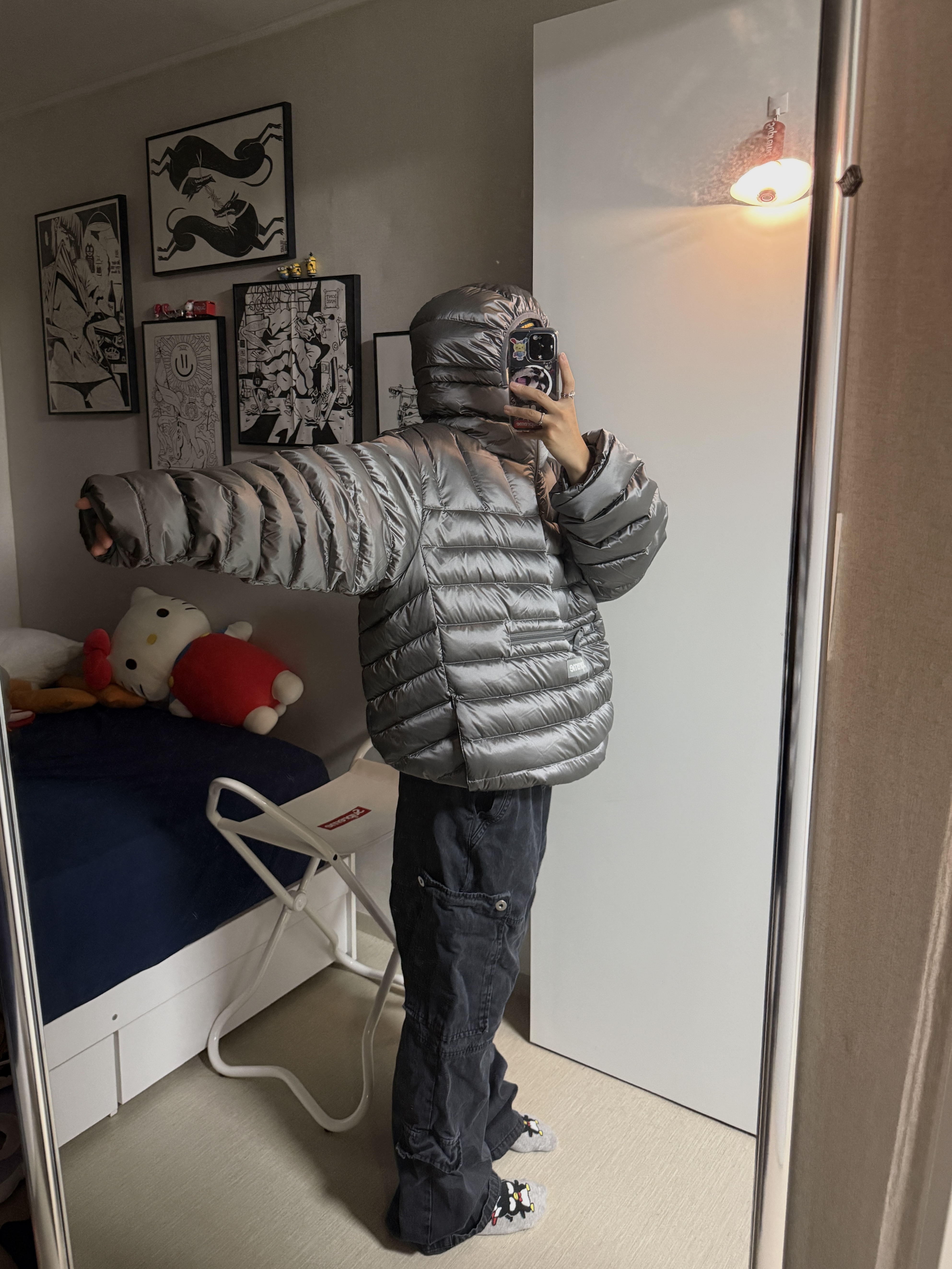 Supreme Micro Down Half Zip Hooded Pullover Silver - 25FW 착용 스타일 - 2