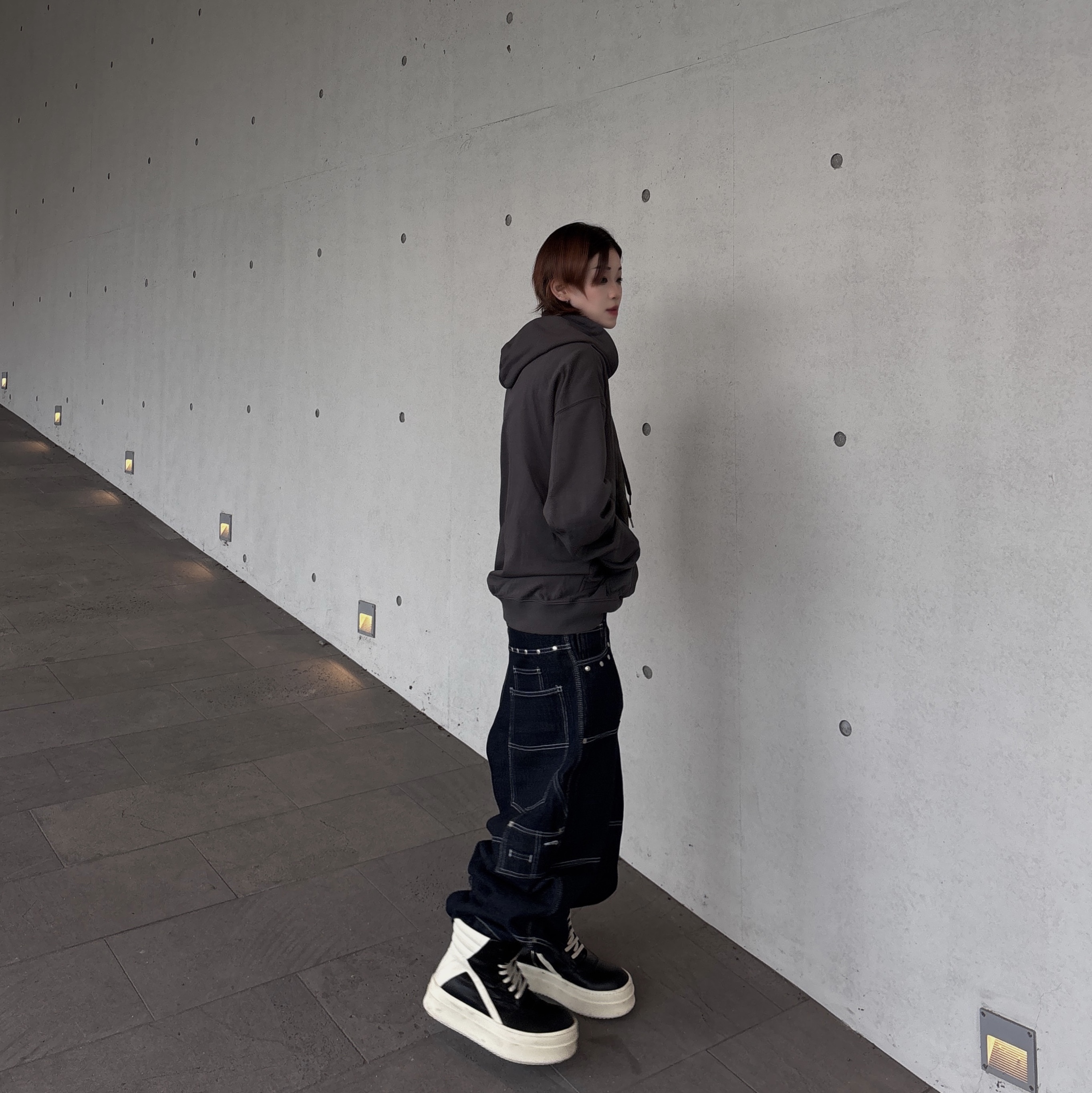 Flavorism Carpenter Wide Baggy jeans Deep Indigo, Rick Owens Concordians Mega Bumper Geobasket 착용 스타일 - 2