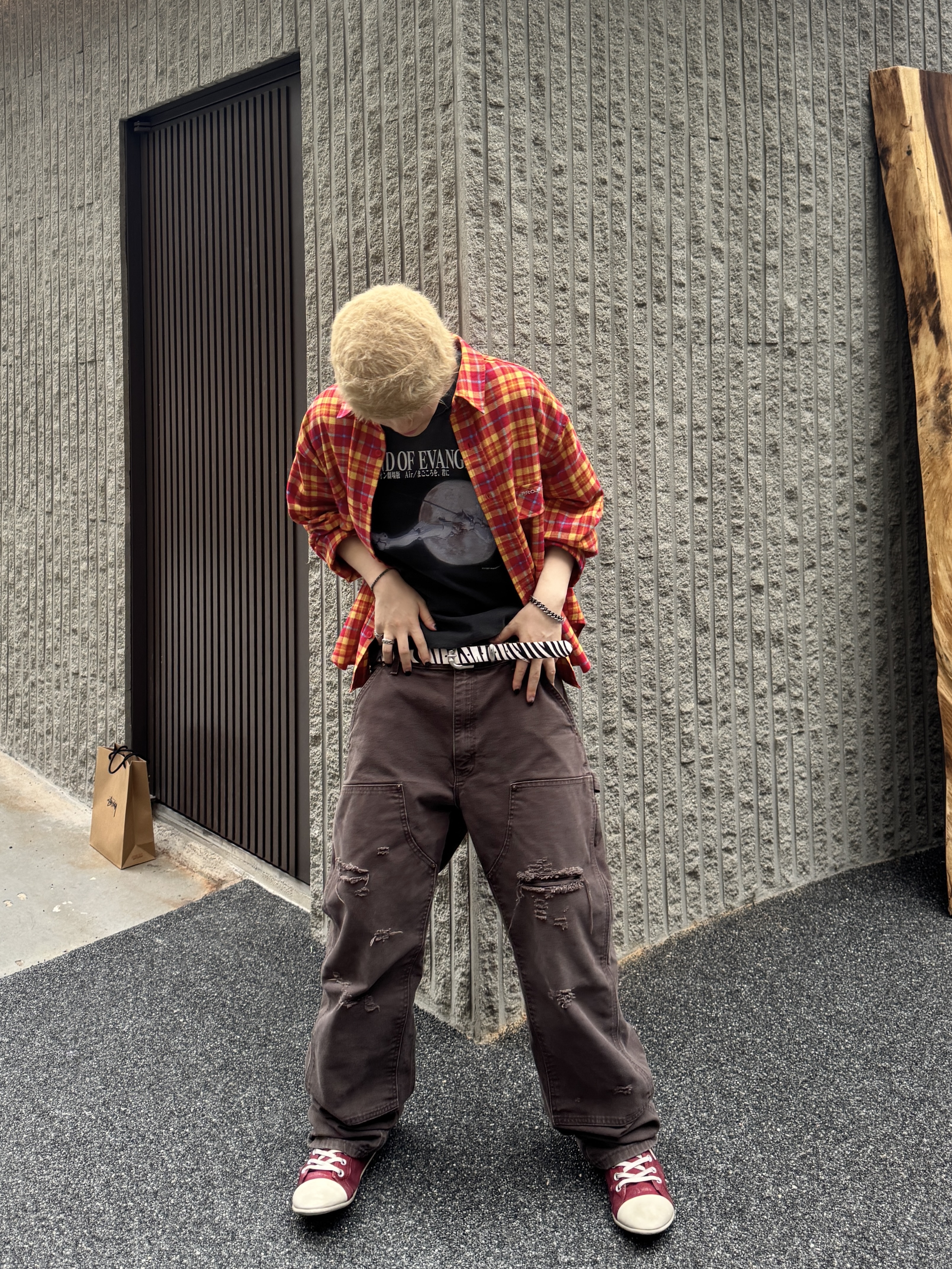Protocol Index x Evangelion Overdyed Vintage Mass Production T-Shirt Charcoal, Stussy Bamboo Buckle Belt Hairy Zebra Pattern 착용 스타일 - 2