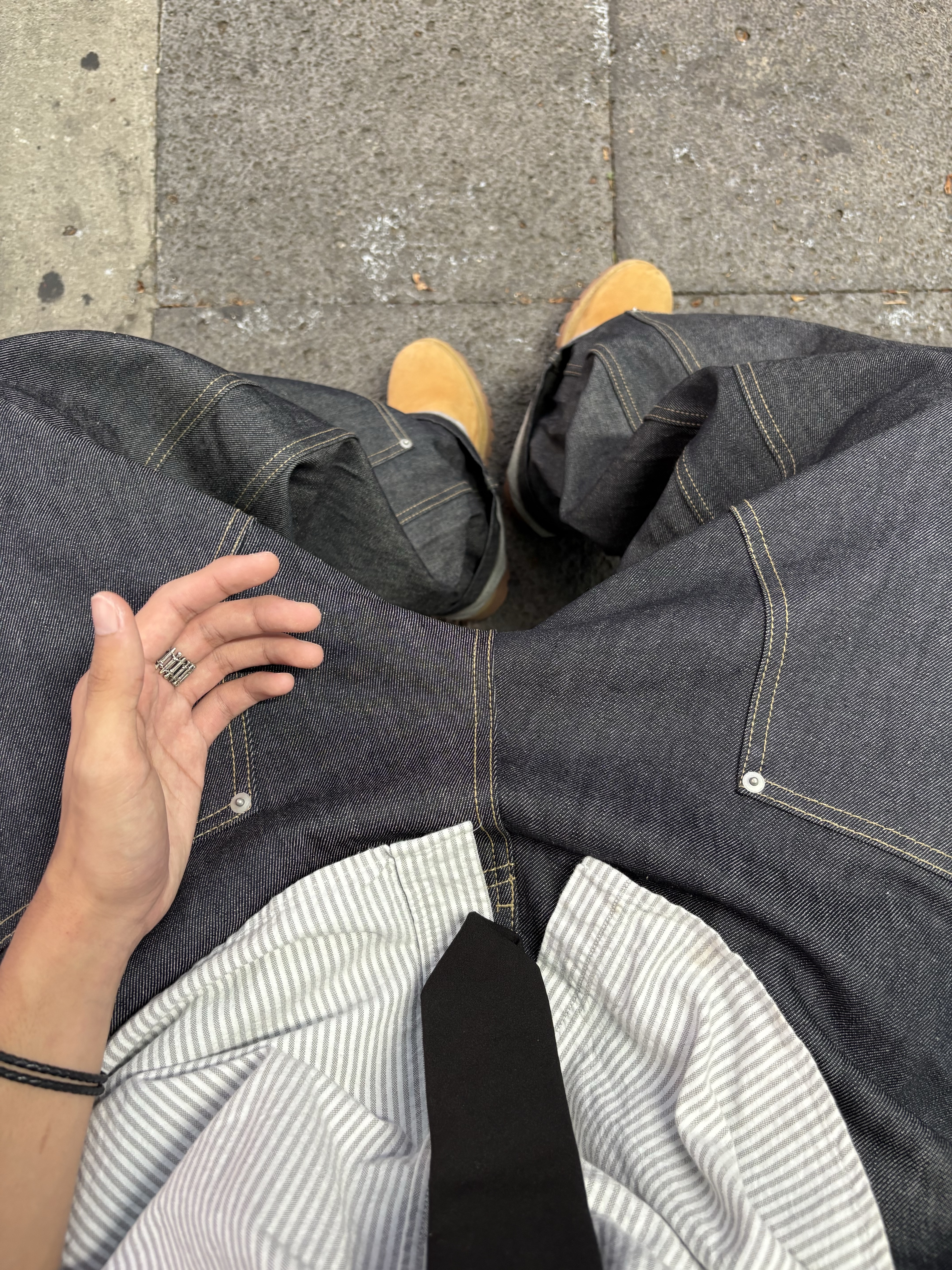 GRAILZ x KOIN SEOUL Carpenter Raw Denim Pants Indigo, Timberland Premium 6 inch Waterproof Boot Wheat Nubuck - Wide 착용 스타일 - 4